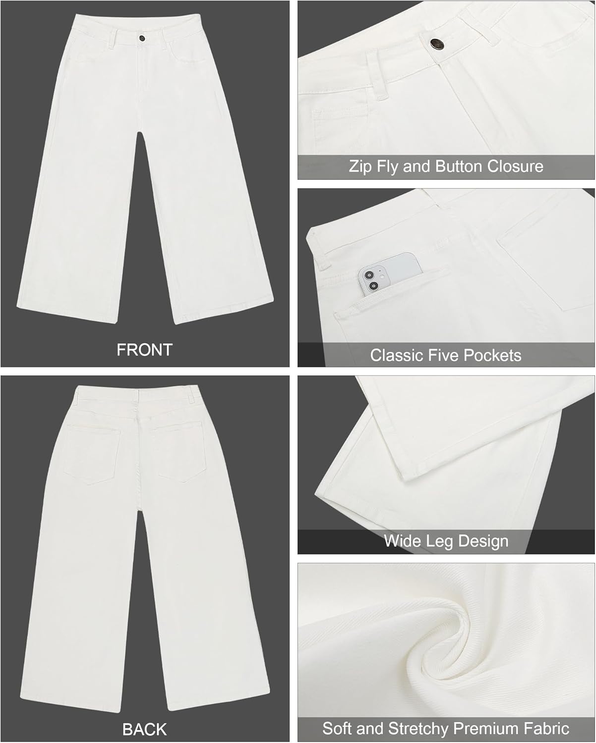 GRAPENT Jean Capris for Women Wide Leg Jeans High Waisted Crop Denim Capri Pants Stretchy BaggyBrilliant White
