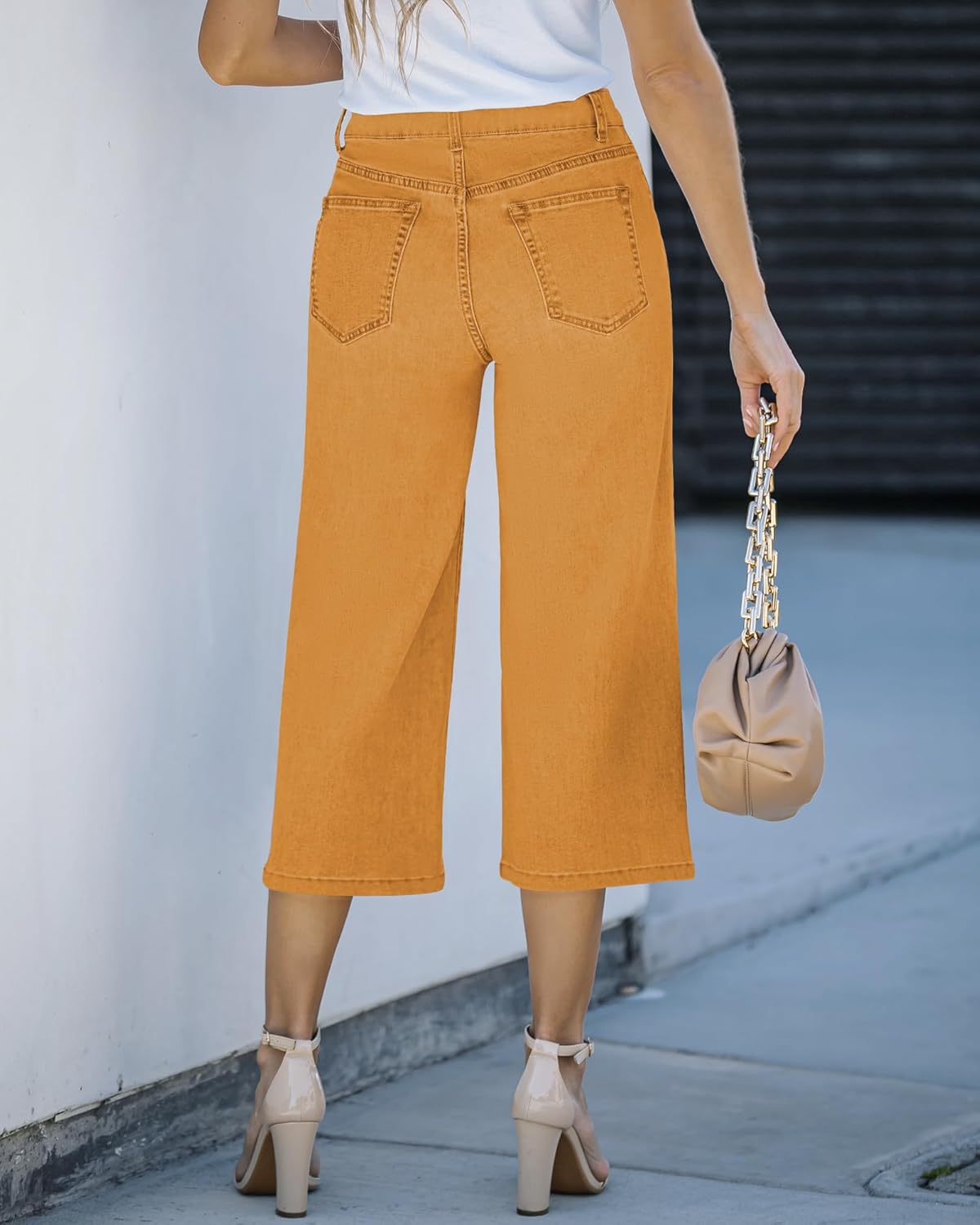GRAPENT Jean Capris for Women Wide Leg Jeans High Waisted Crop Denim Capri Pants Stretchy BaggyCadmium Yellow
