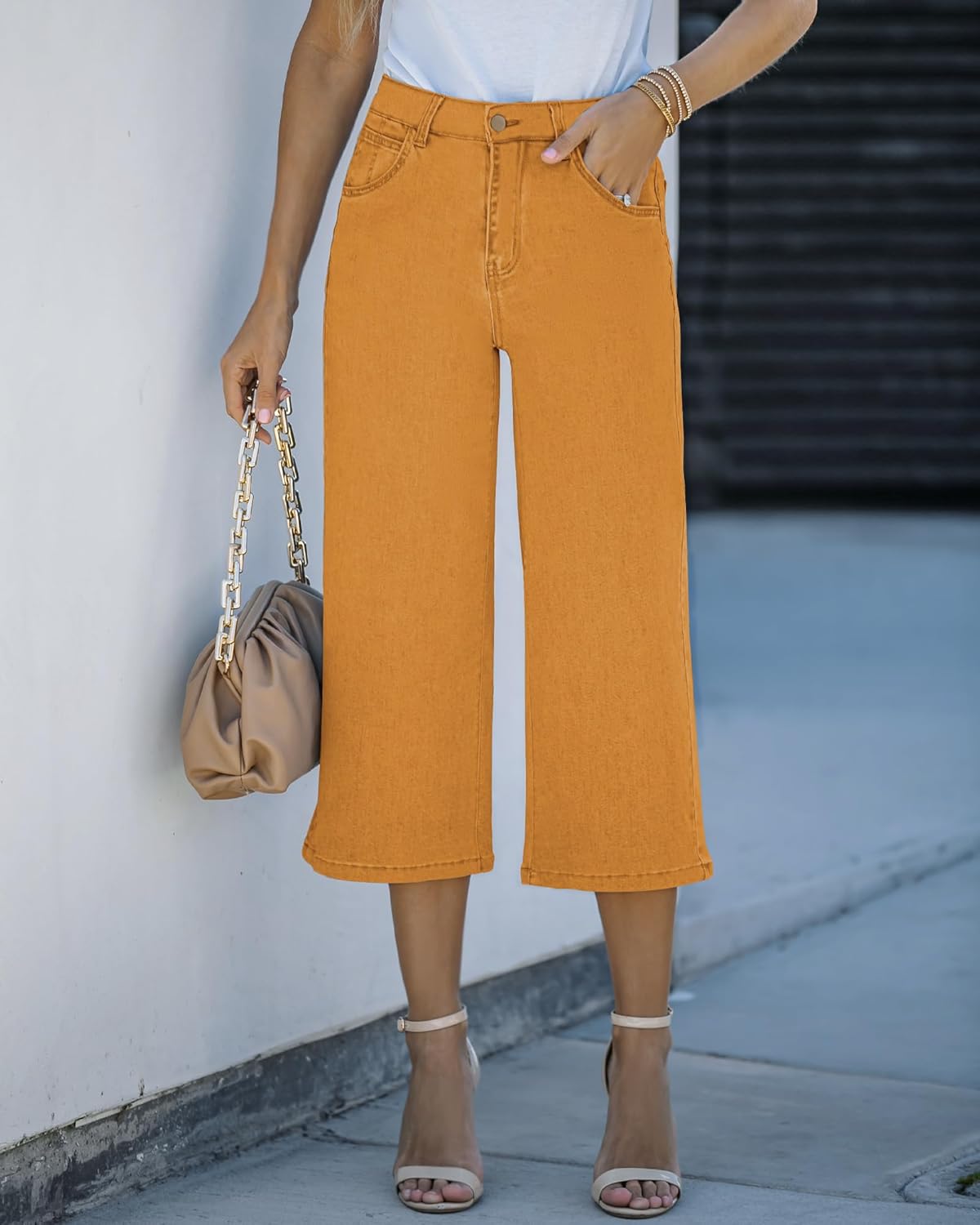 GRAPENT Jean Capris for Women Wide Leg Jeans High Waisted Crop Denim Capri Pants Stretchy BaggyCadmium Yellow