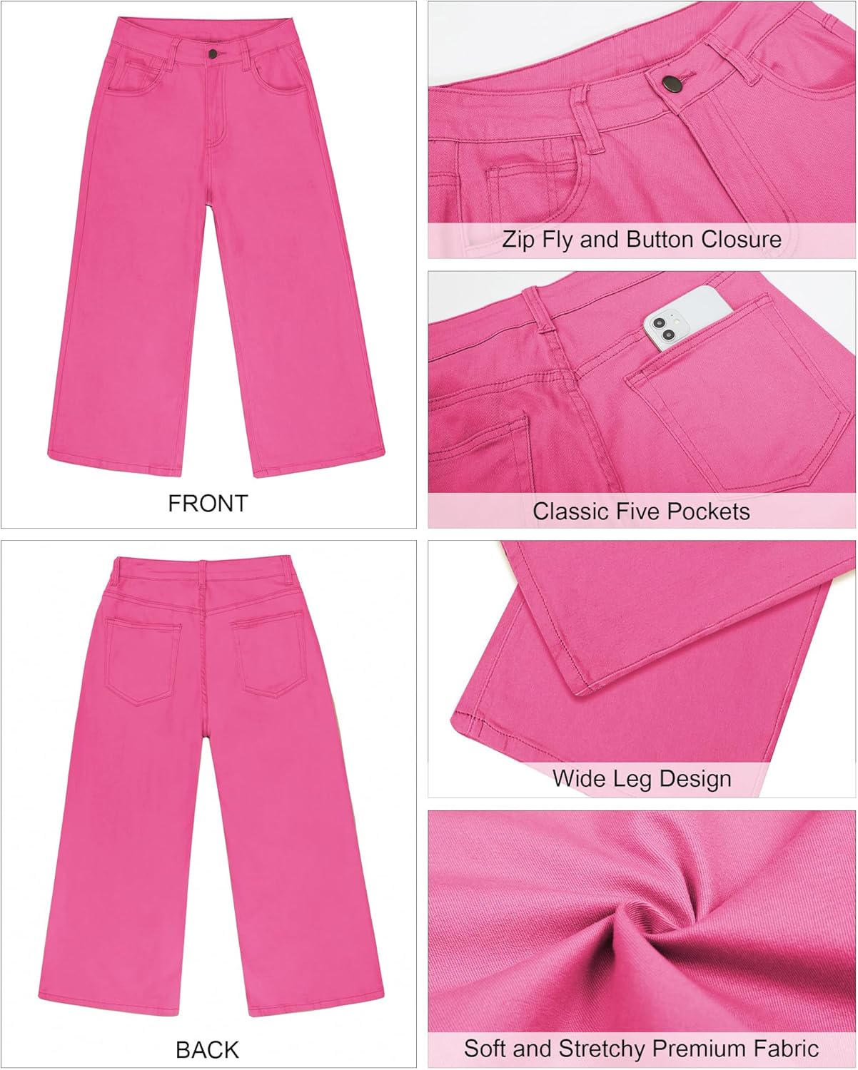 GRAPENT Jean Capris for Women Wide Leg Jeans High Waisted Crop Denim Capri Pants Stretchy BaggyMagenta Pink