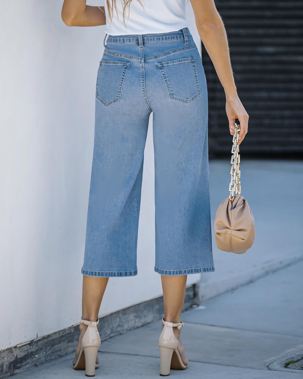 GRAPENT Jean Capris for Women Wide Leg Jeans High Waisted Crop Denim Capri Pants Stretchy BaggyRoadknight Blue