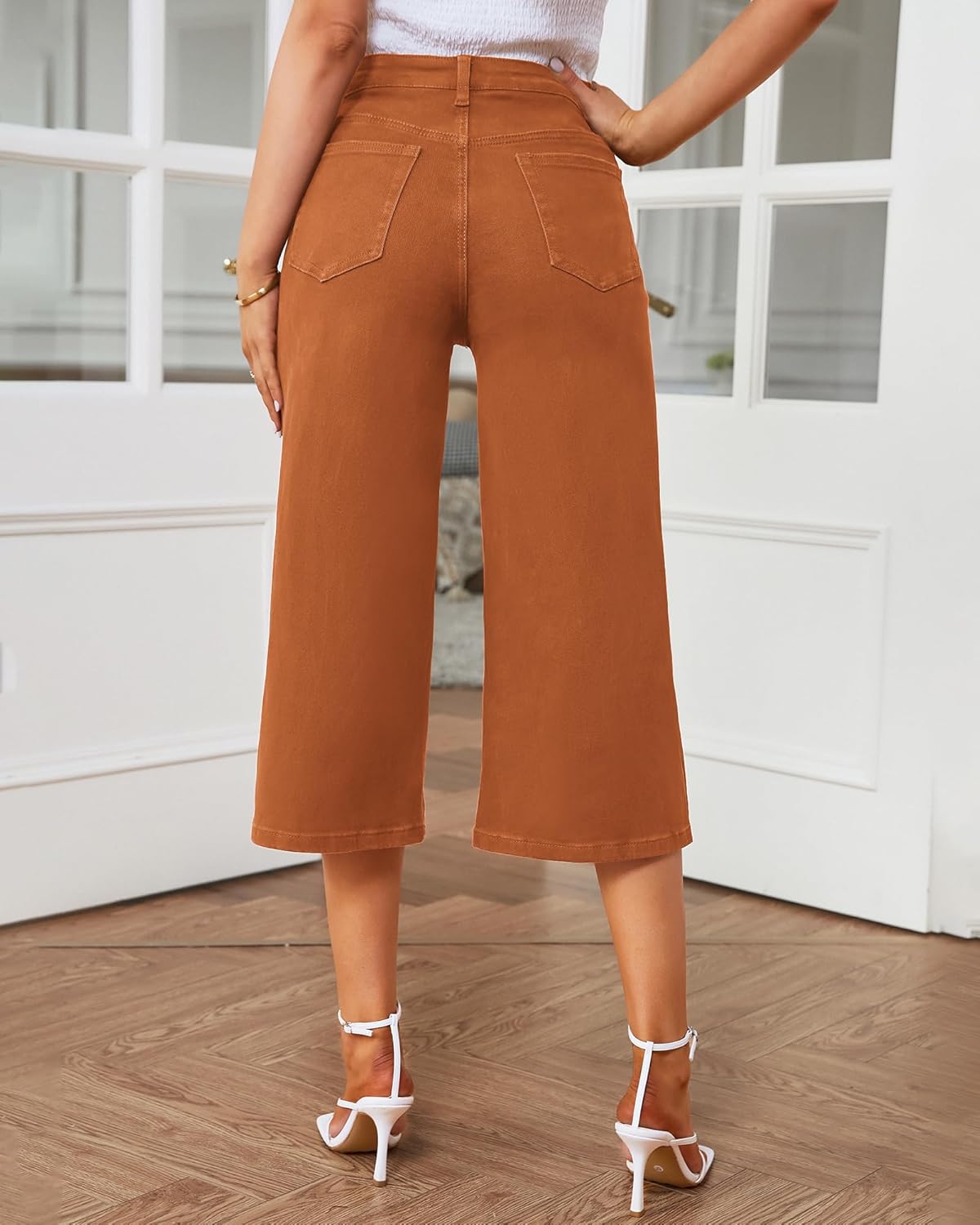 GRAPENT Jean Capris for Women Wide Leg Jeans High Waisted Crop Denim Capri Pants Stretchy BaggyRust