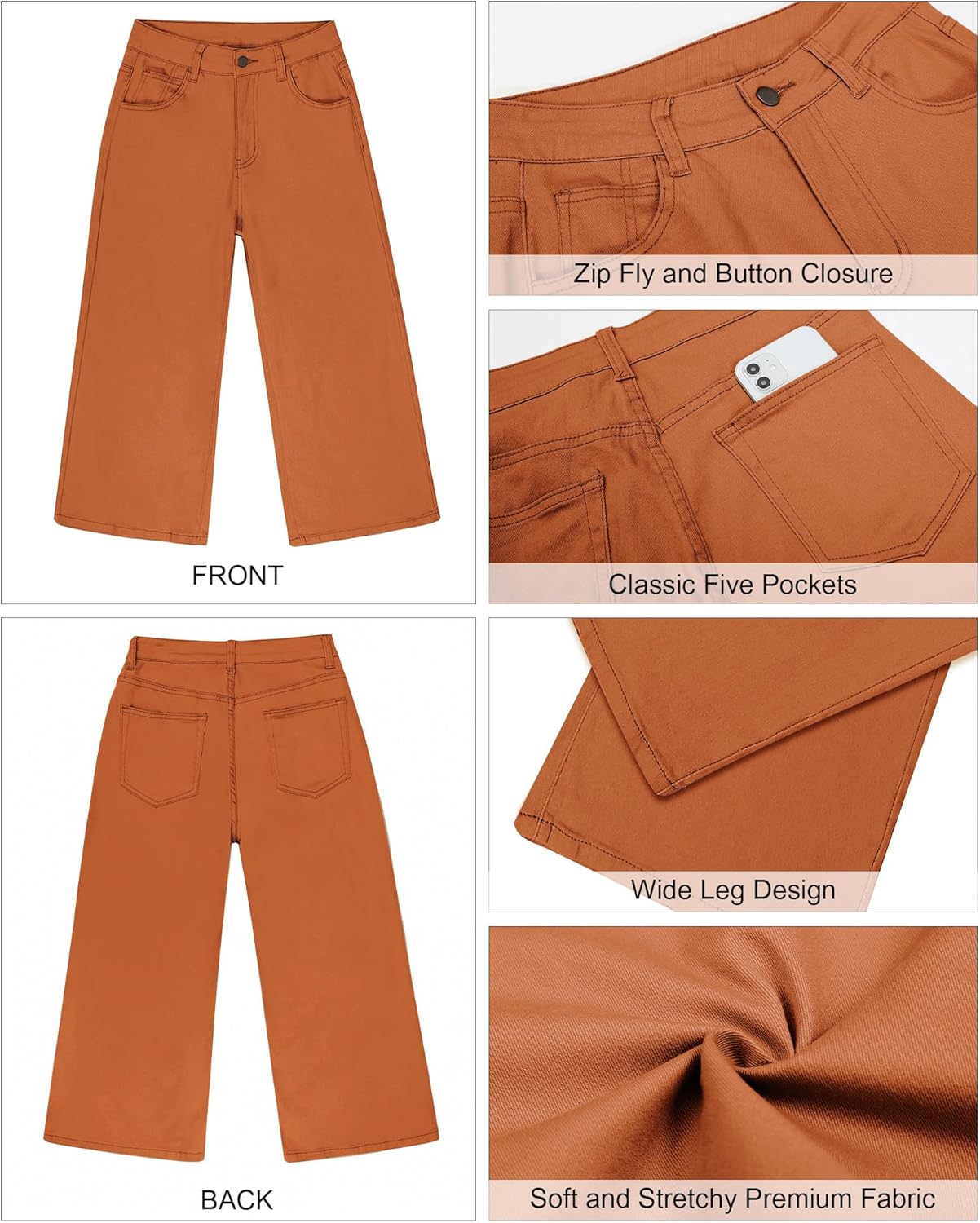 GRAPENT Jean Capris for Women Wide Leg Jeans High Waisted Crop Denim Capri Pants Stretchy BaggyRust