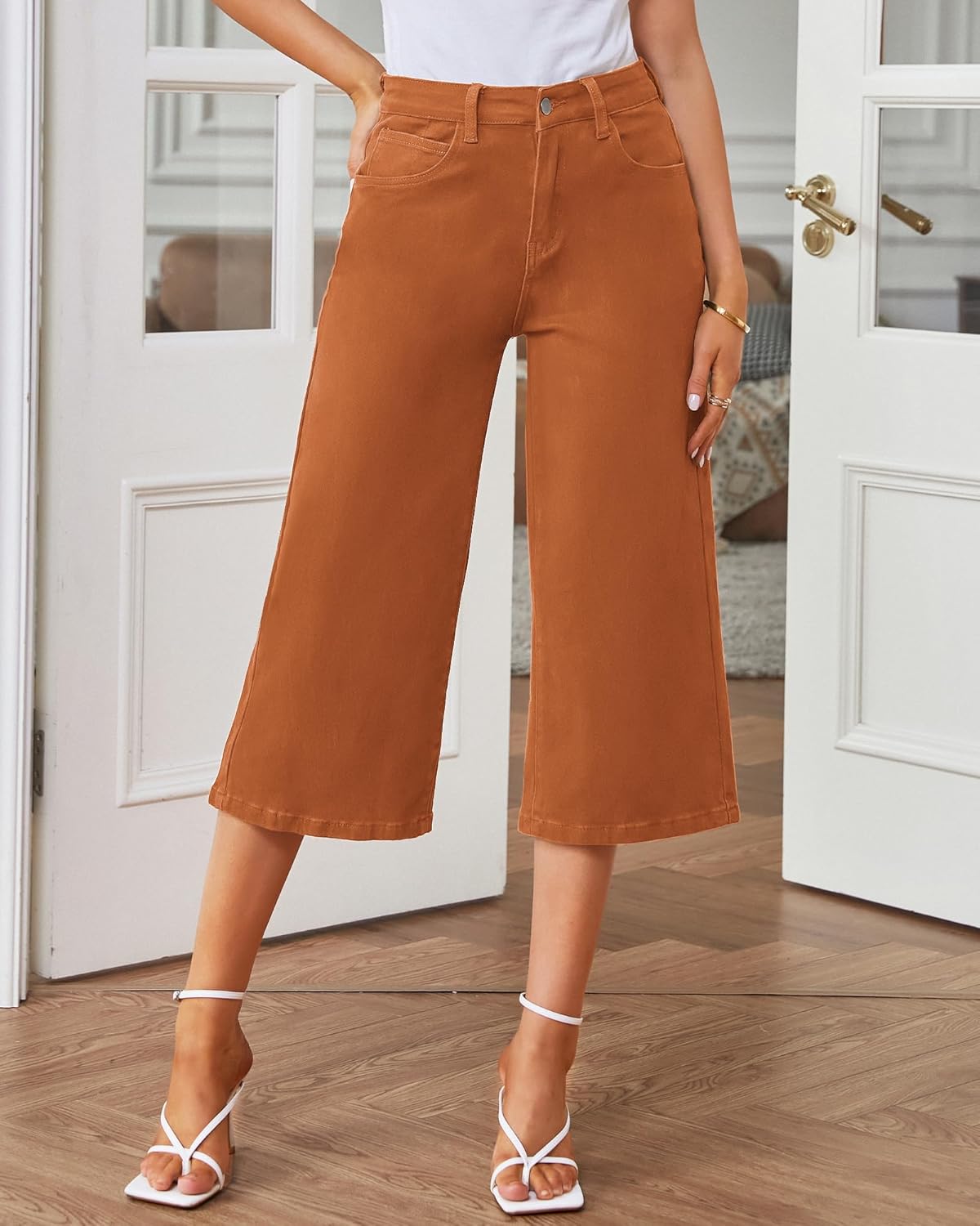 GRAPENT Jean Capris for Women Wide Leg Jeans High Waisted Crop Denim Capri Pants Stretchy BaggyRust