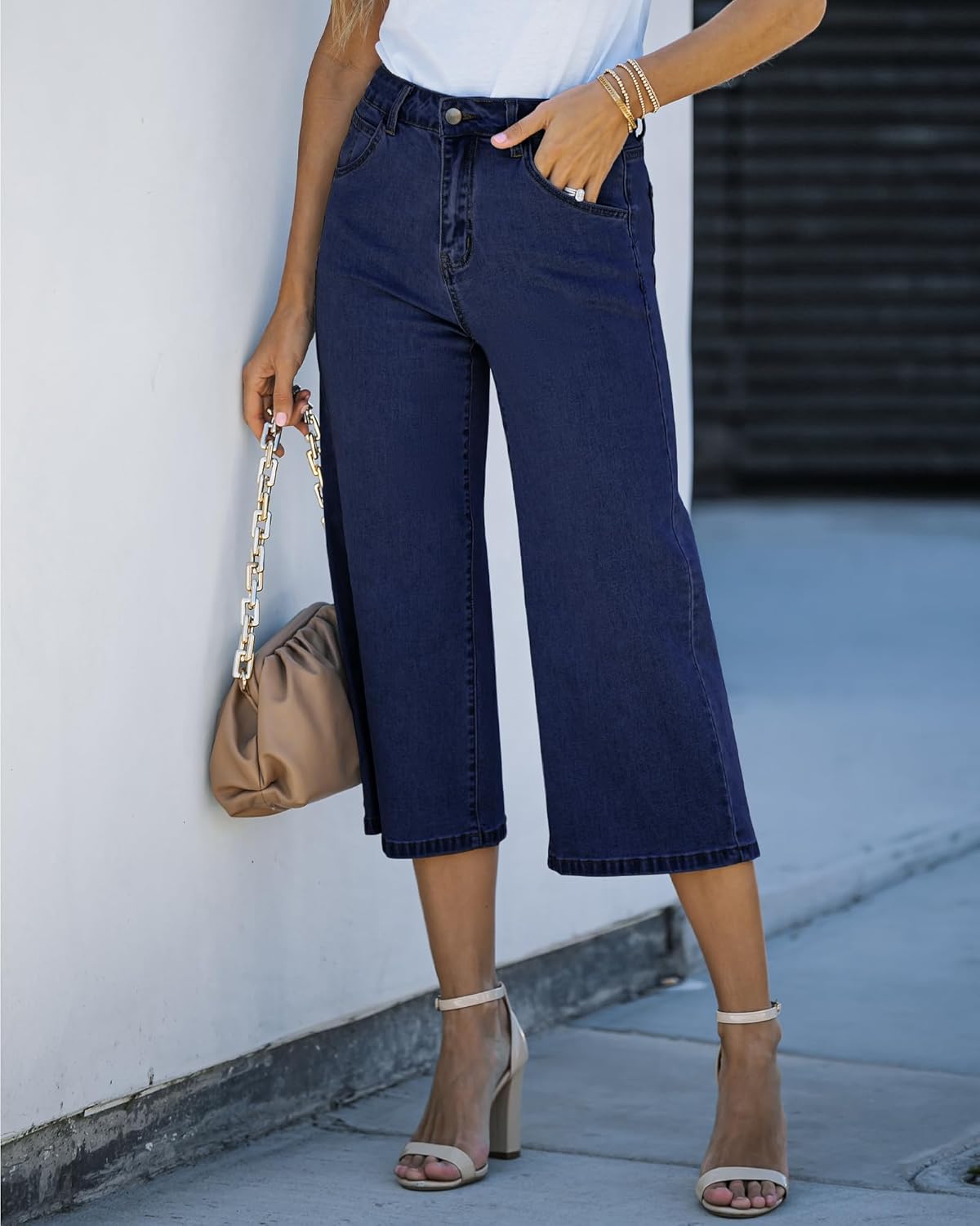 GRAPENT Jean Capris for Women Wide Leg Jeans High Waisted Crop Denim Capri Pants Stretchy BaggyTwilight Blue