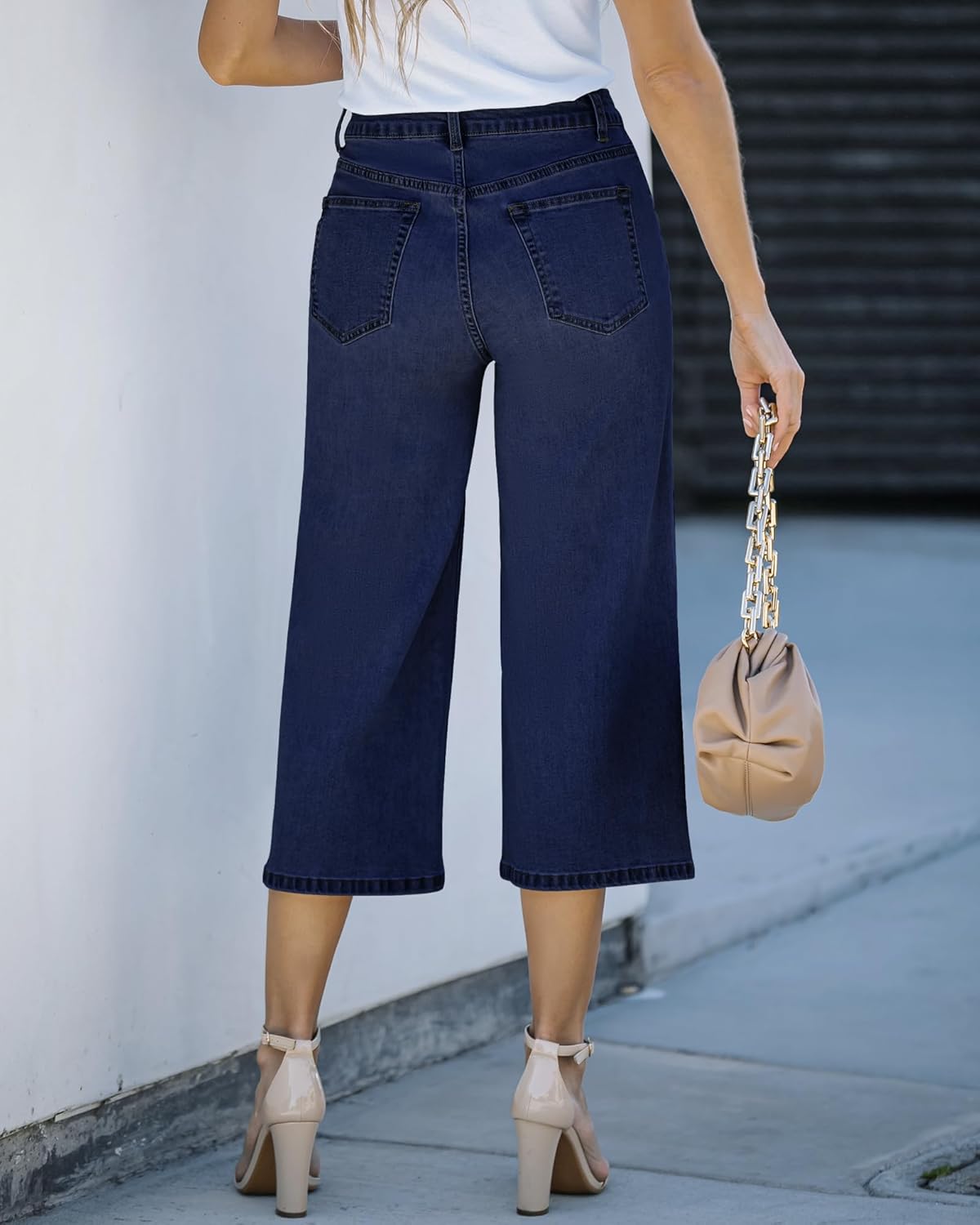 GRAPENT Jean Capris for Women Wide Leg Jeans High Waisted Crop Denim Capri Pants Stretchy BaggyTwilight Blue