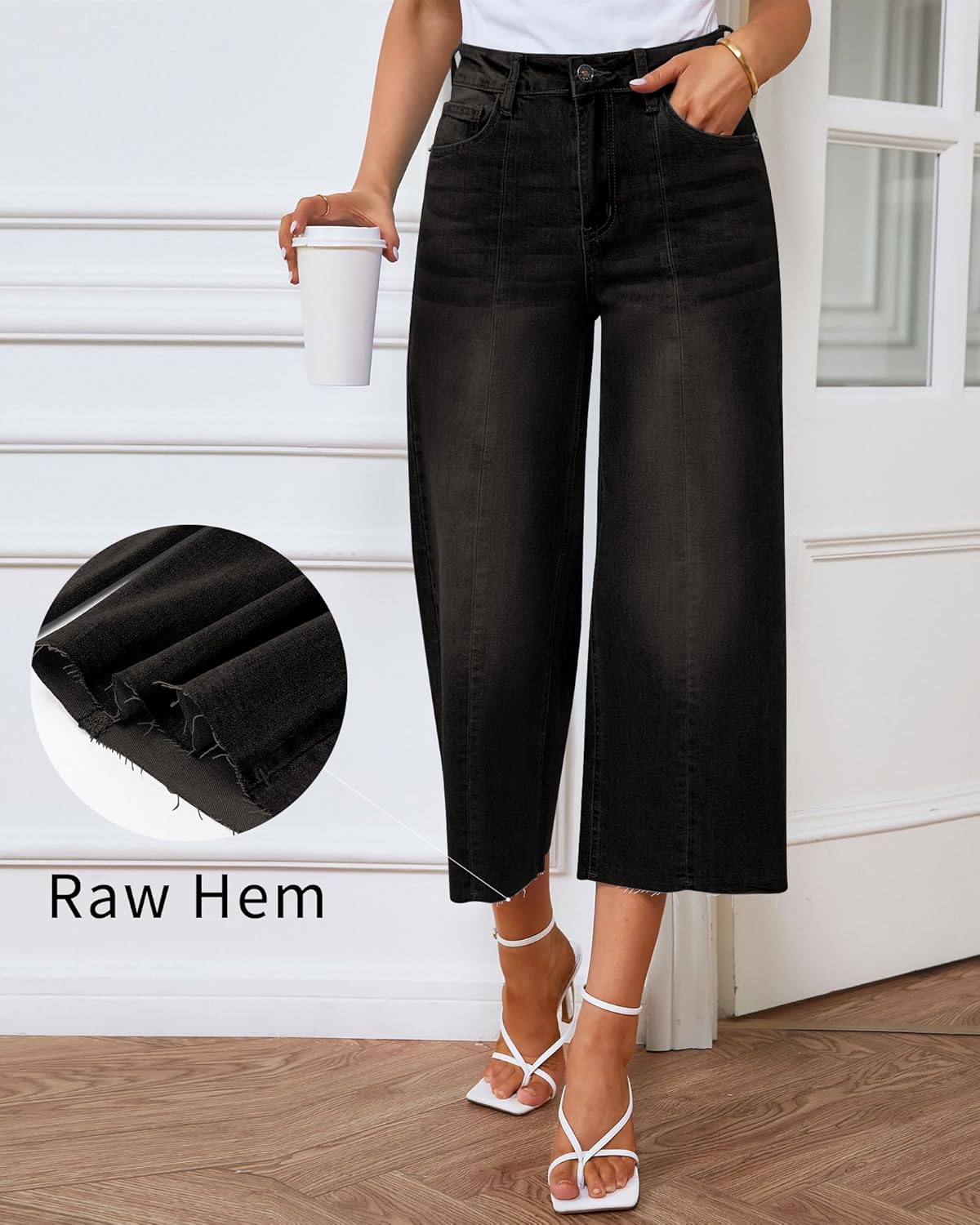 GRAPENT Jean Capris for Women Wide Leg Jeans High Waisted Seamed Front Raw Hem Denim Capri Pants StretchyBlack