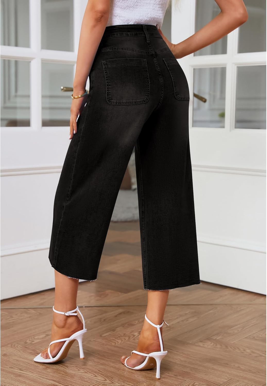 GRAPENT Jean Capris for Women Wide Leg Jeans High Waisted Seamed Front Raw Hem Denim Capri Pants StretchyBlack