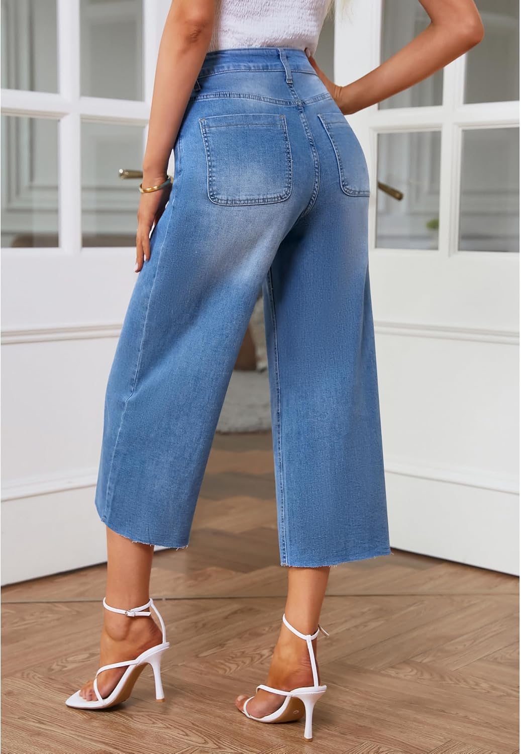 GRAPENT Jean Capris for Women Wide Leg Jeans High Waisted Seamed Front Raw Hem Denim Capri Pants StretchyBrilliant Blue