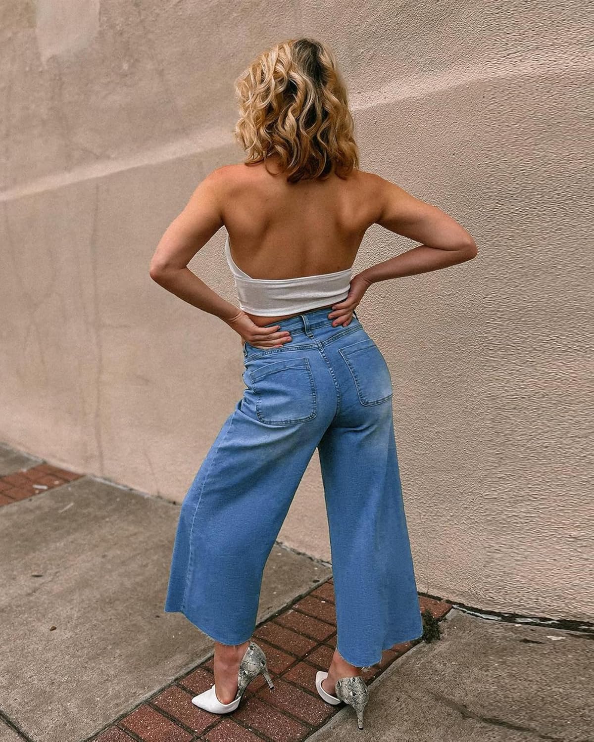 GRAPENT Jean Capris for Women Wide Leg Jeans High Waisted Seamed Front Raw Hem Denim Capri Pants StretchyBrilliant Blue