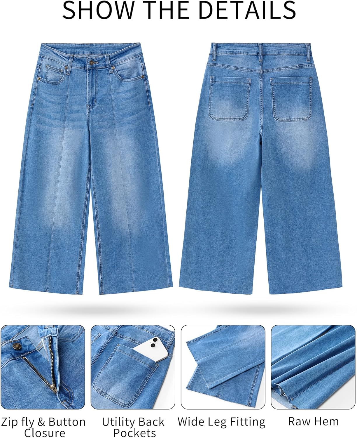 GRAPENT Jean Capris for Women Wide Leg Jeans High Waisted Seamed Front Raw Hem Denim Capri Pants StretchyBrilliant Blue