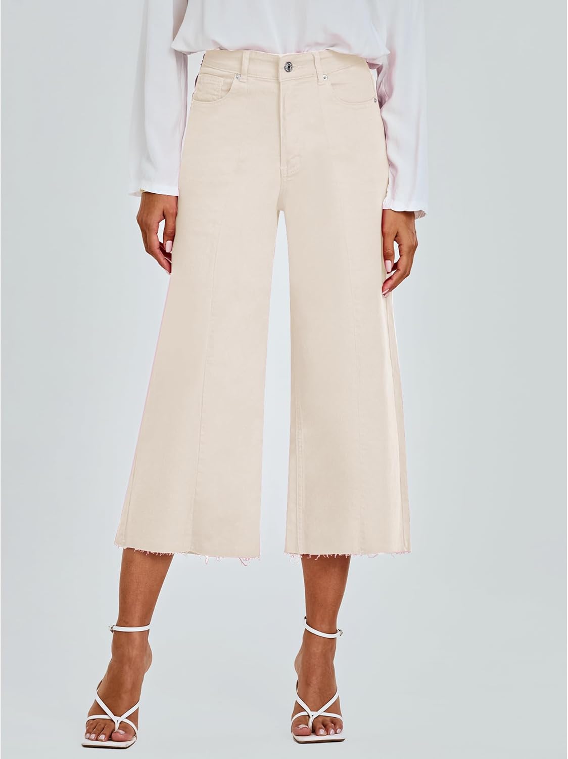 GRAPENT Jean Capris for Women Wide Leg Jeans High Waisted Seamed Front Raw Hem Denim Capri Pants StretchyButtercream