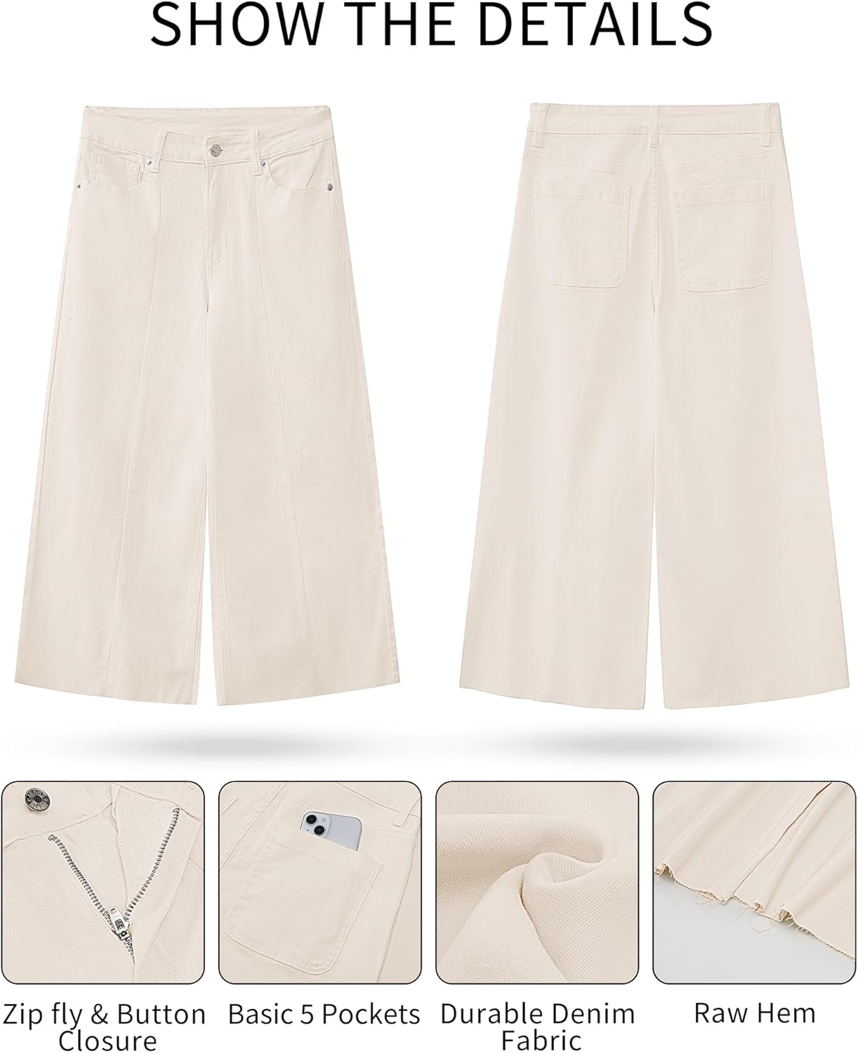 GRAPENT Jean Capris for Women Wide Leg Jeans High Waisted Seamed Front Raw Hem Denim Capri Pants StretchyButtercream