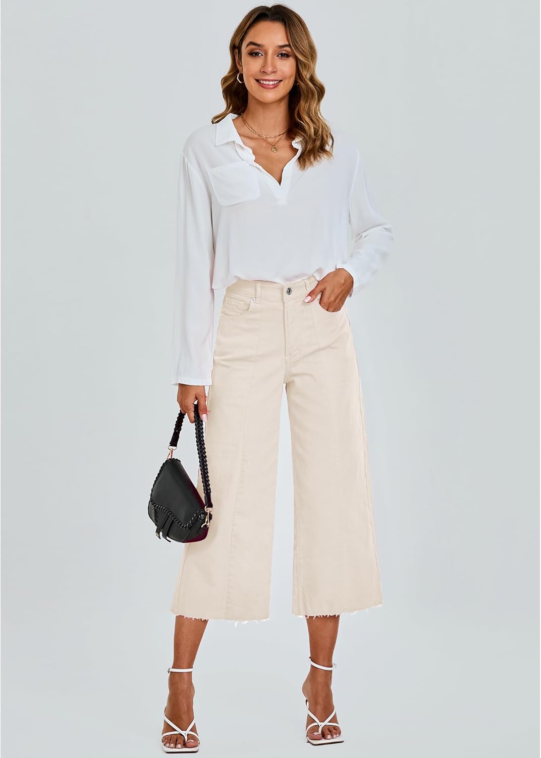 GRAPENT Jean Capris for Women Wide Leg Jeans High Waisted Seamed Front Raw Hem Denim Capri Pants StretchyButtercream