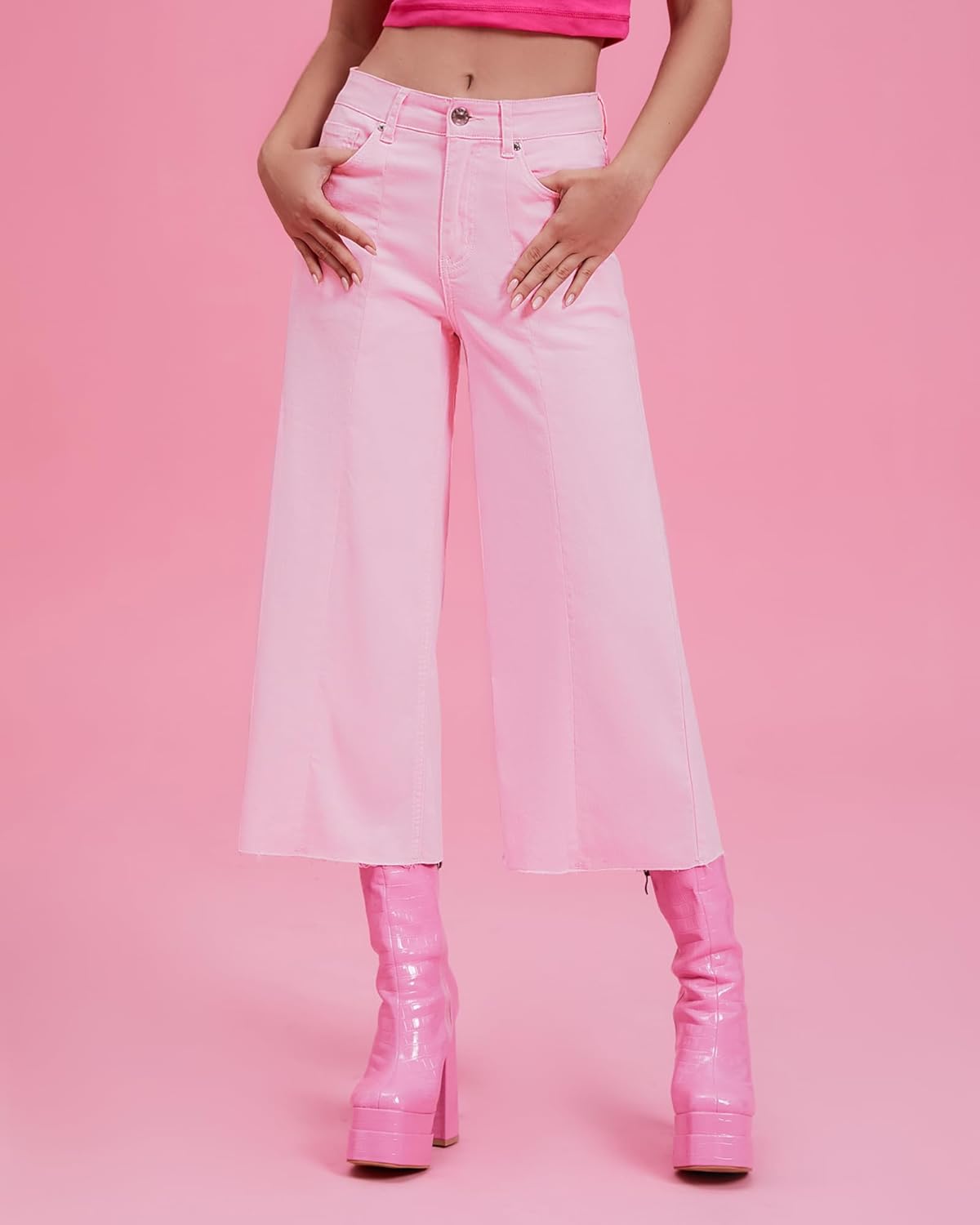 GRAPENT Jean Capris for Women Wide Leg Jeans High Waisted Seamed Front Raw Hem Denim Capri Pants StretchyCandy Pink