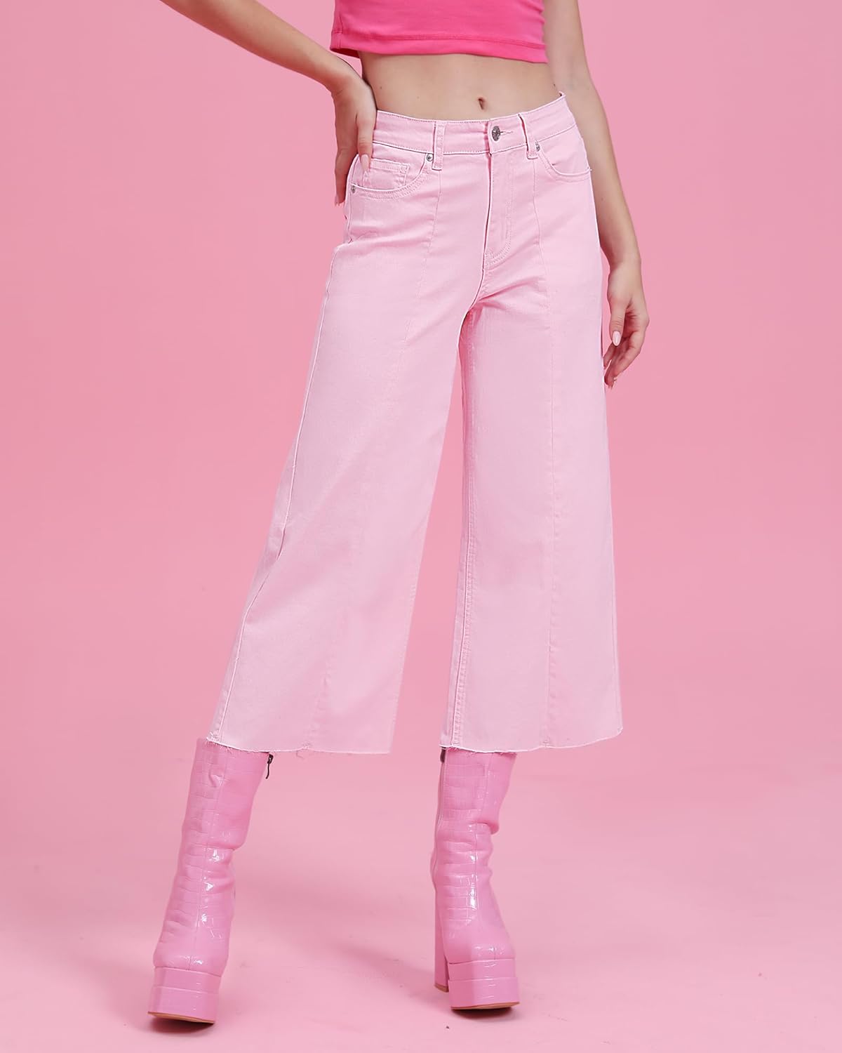 GRAPENT Jean Capris for Women Wide Leg Jeans High Waisted Seamed Front Raw Hem Denim Capri Pants StretchyCandy Pink