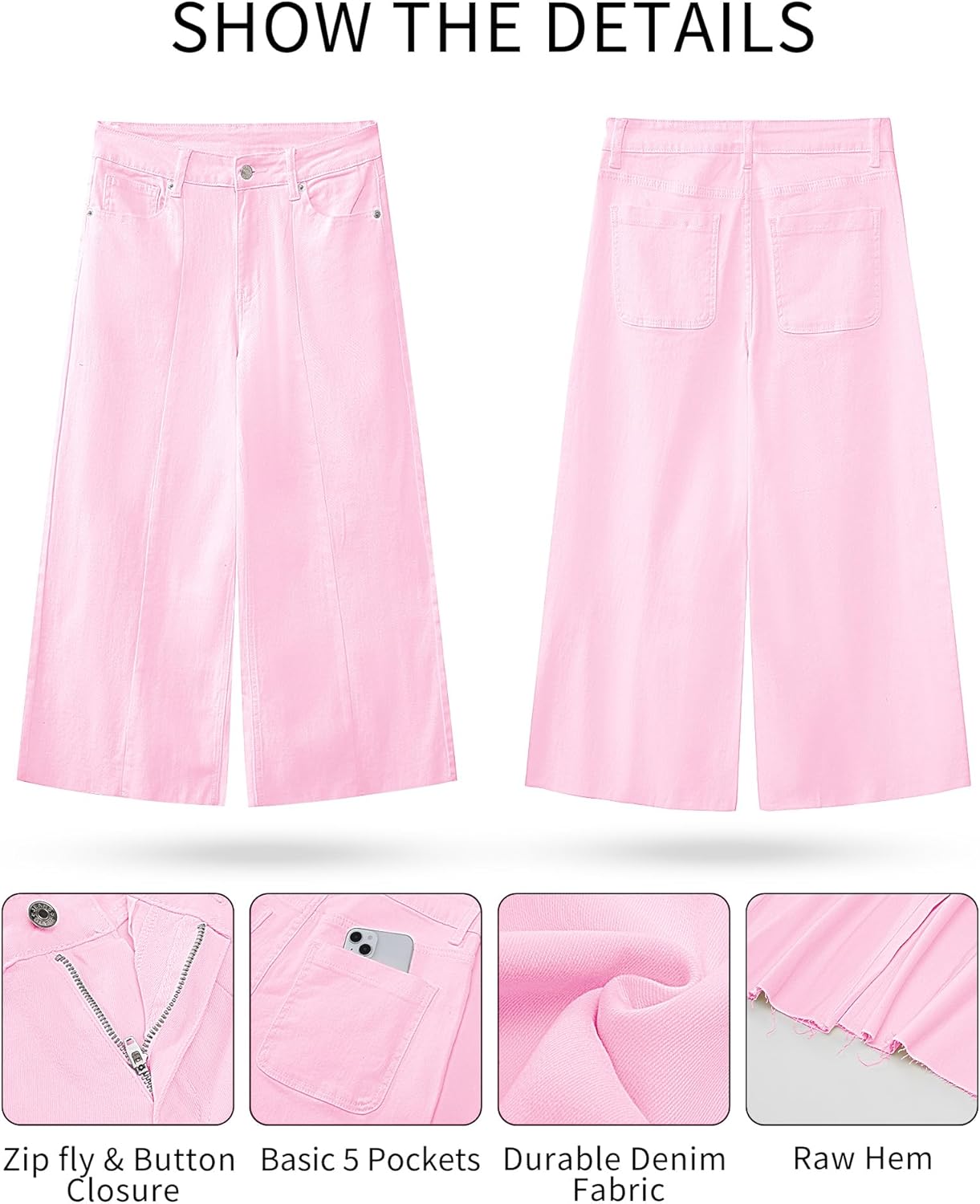 GRAPENT Jean Capris for Women Wide Leg Jeans High Waisted Seamed Front Raw Hem Denim Capri Pants StretchyCandy Pink