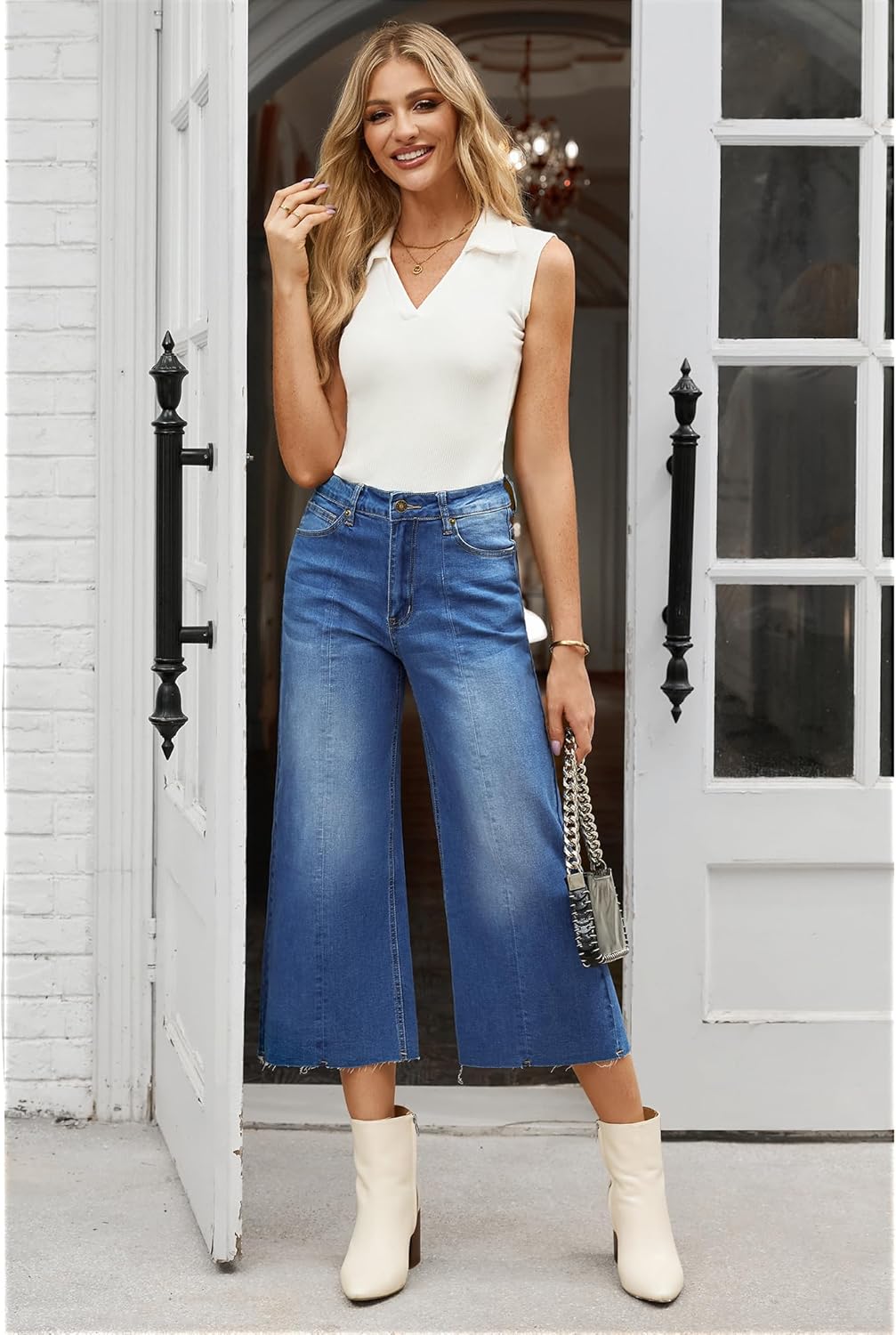 GRAPENT Jean Capris for Women Wide Leg Jeans High Waisted Seamed Front Raw Hem Denim Capri Pants StretchyClassic Blue