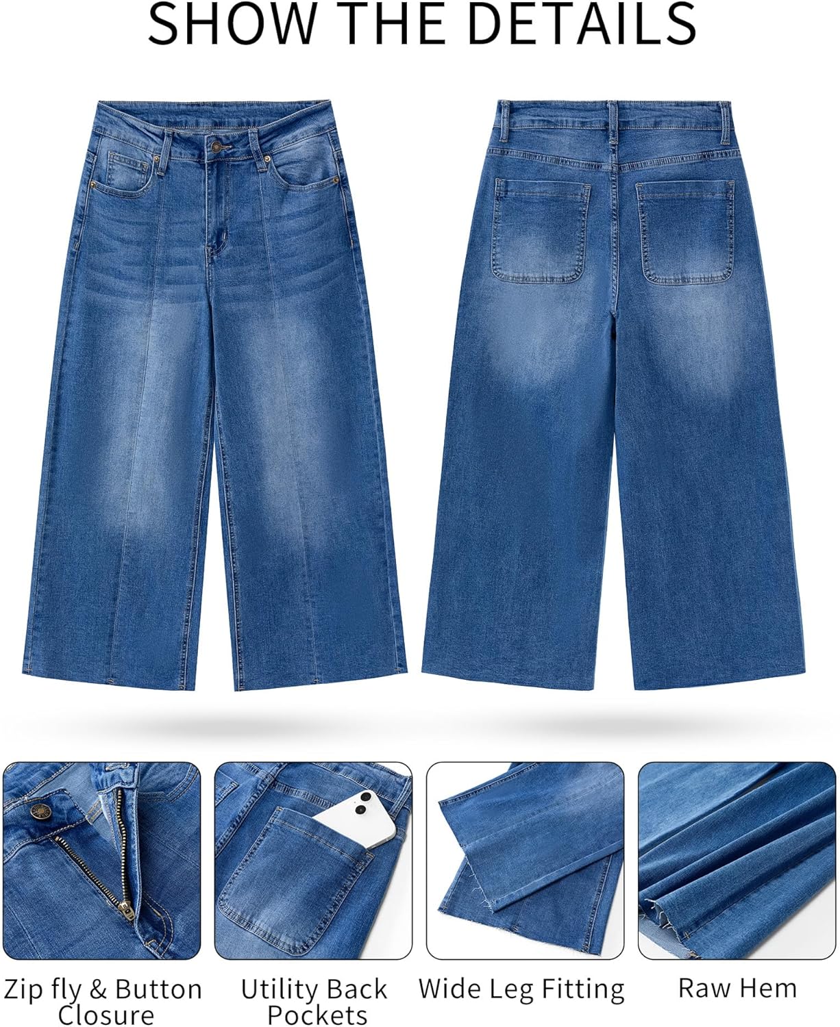 GRAPENT Jean Capris for Women Wide Leg Jeans High Waisted Seamed Front Raw Hem Denim Capri Pants StretchyClassic Blue