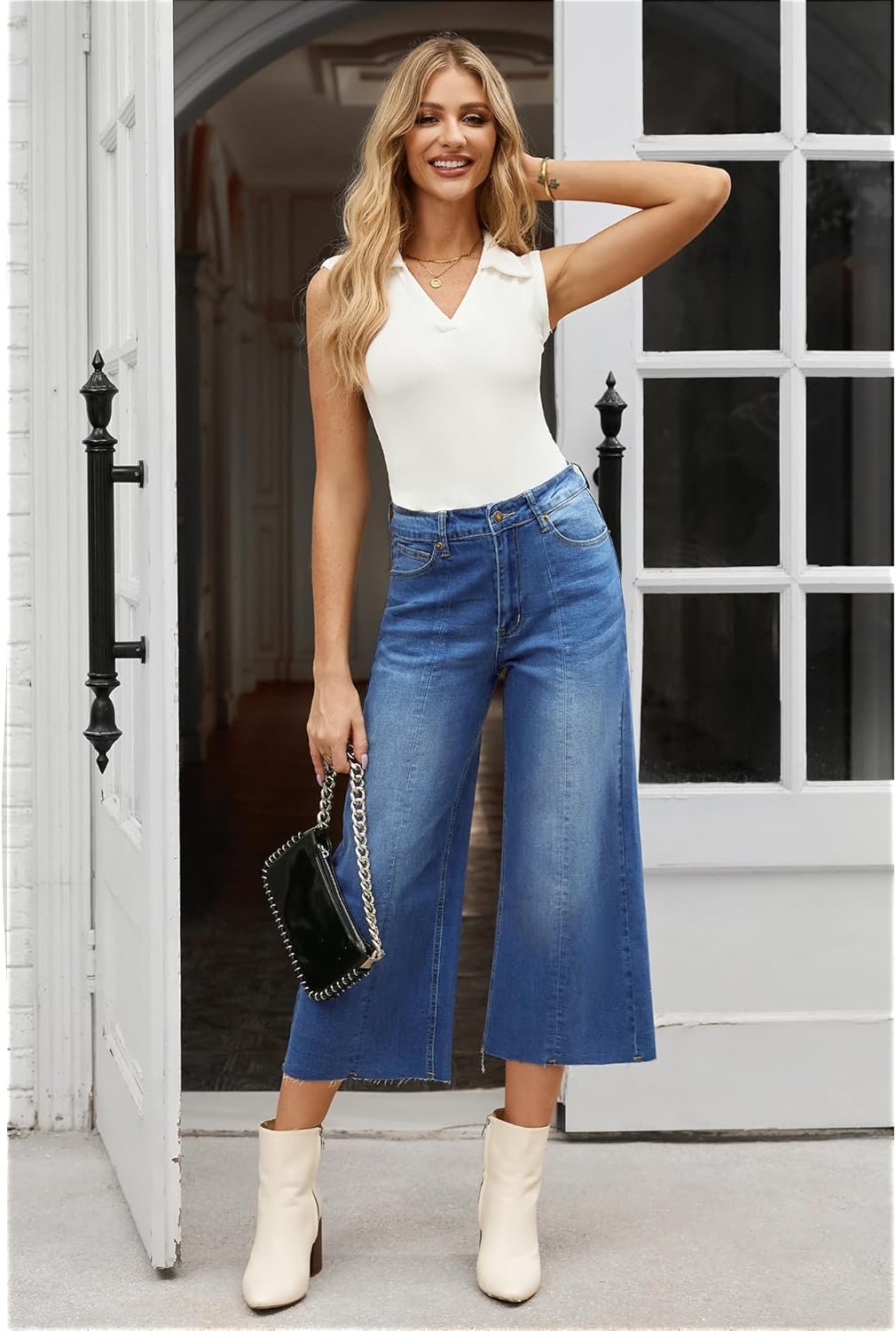 GRAPENT Jean Capris for Women Wide Leg Jeans High Waisted Seamed Front Raw Hem Denim Capri Pants StretchyClassic Blue