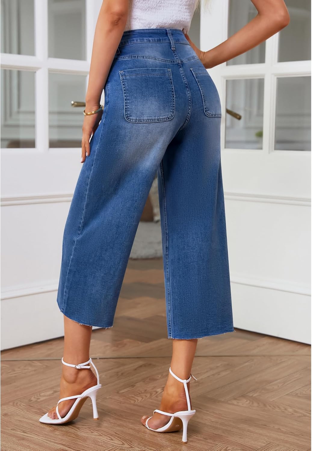 GRAPENT Jean Capris for Women Wide Leg Jeans High Waisted Seamed Front Raw Hem Denim Capri Pants StretchyClassic Blue