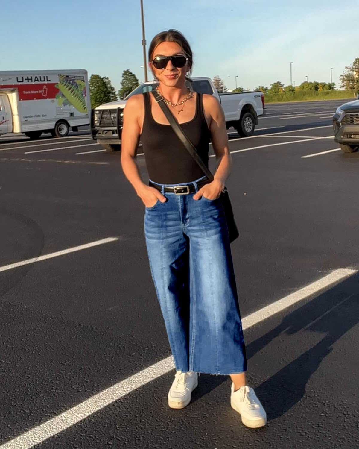 GRAPENT Jean Capris for Women Wide Leg Jeans High Waisted Seamed Front Raw Hem Denim Capri Pants StretchyClassic Blue
