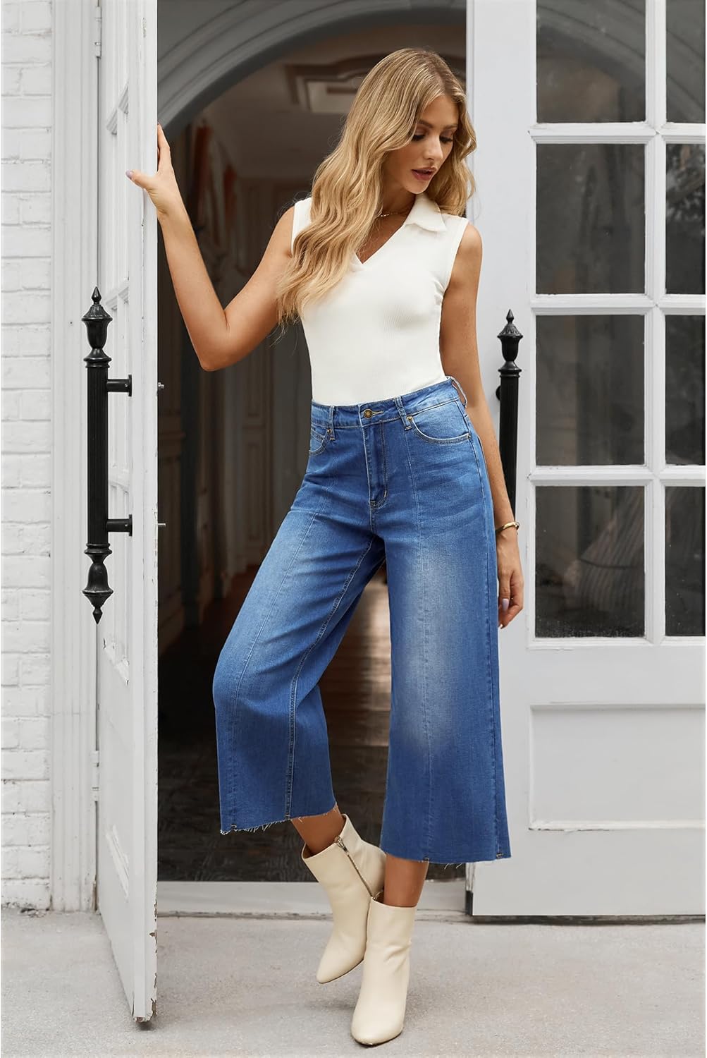 GRAPENT Jean Capris for Women Wide Leg Jeans High Waisted Seamed Front Raw Hem Denim Capri Pants StretchyClassic Blue