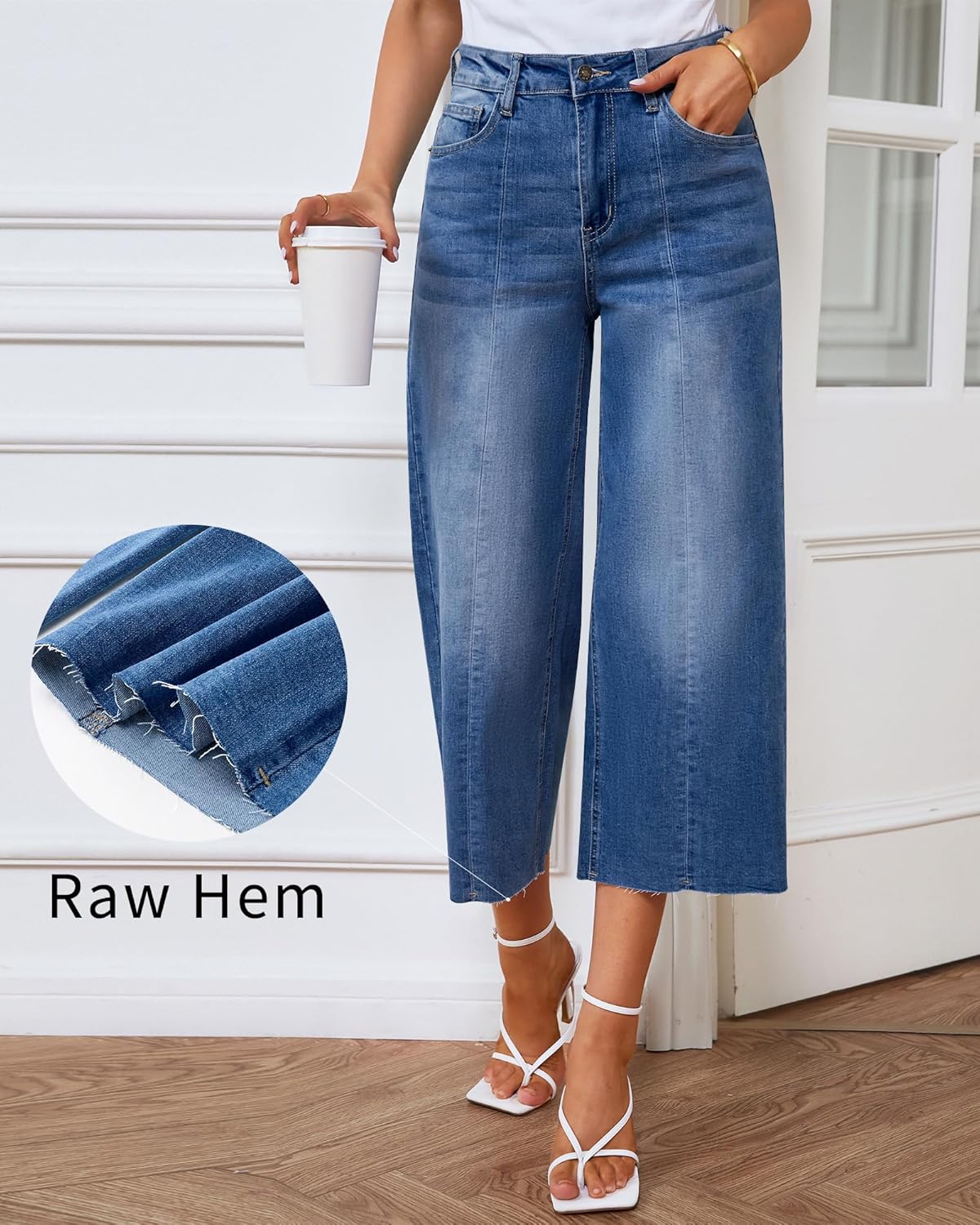 GRAPENT Jean Capris for Women Wide Leg Jeans High Waisted Seamed Front Raw Hem Denim Capri Pants StretchyClassic Blue