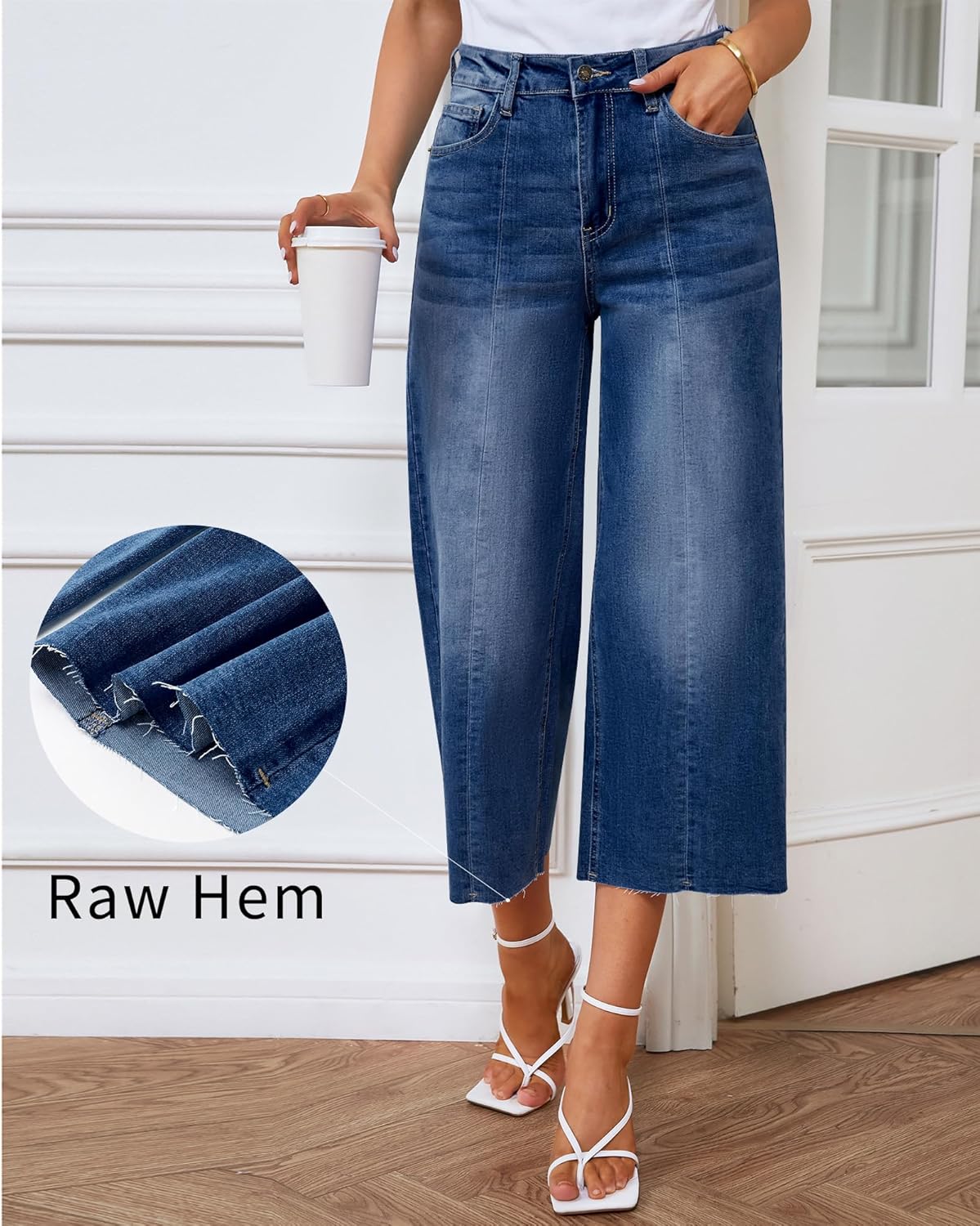 GRAPENT Jean Capris for Women Wide Leg Jeans High Waisted Seamed Front Raw Hem Denim Capri Pants StretchyCobalt Night Blue