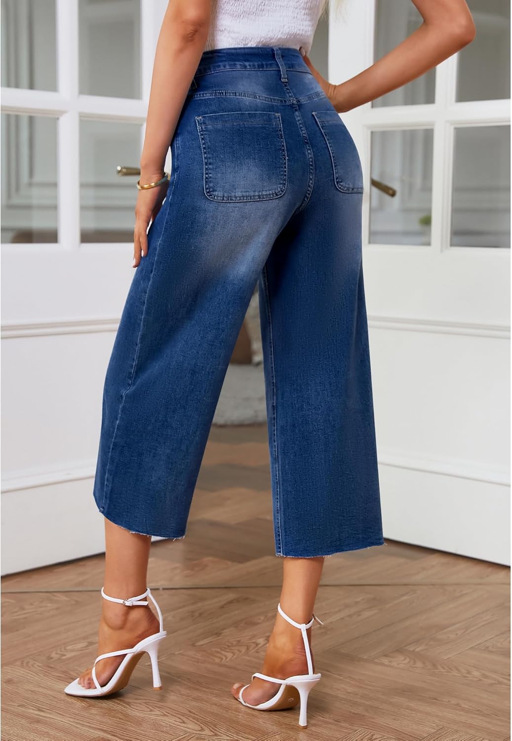 GRAPENT Jean Capris for Women Wide Leg Jeans High Waisted Seamed Front Raw Hem Denim Capri Pants StretchyCobalt Night Blue