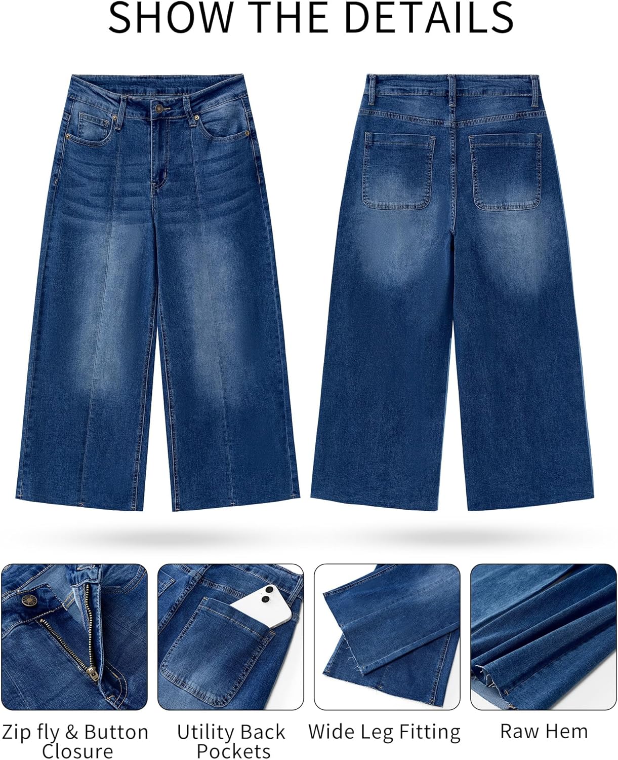 GRAPENT Jean Capris for Women Wide Leg Jeans High Waisted Seamed Front Raw Hem Denim Capri Pants StretchyCobalt Night Blue