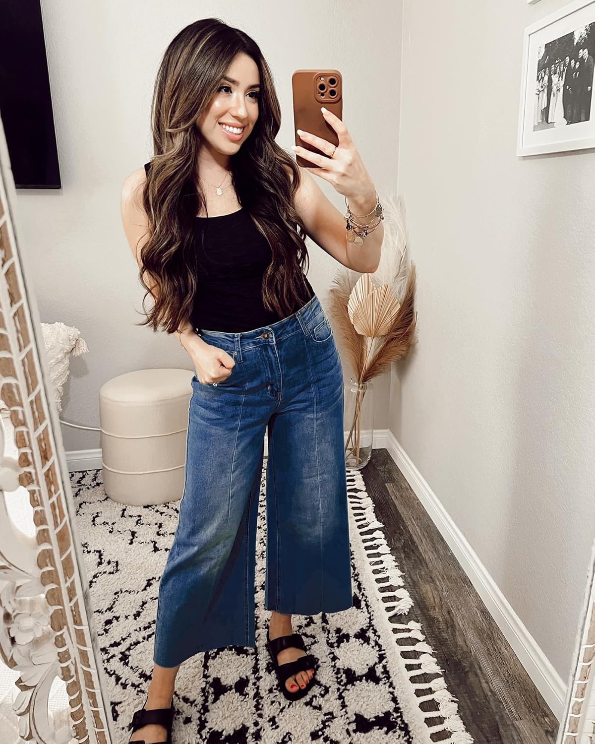 GRAPENT Jean Capris for Women Wide Leg Jeans High Waisted Seamed Front Raw Hem Denim Capri Pants StretchyCobalt Night Blue