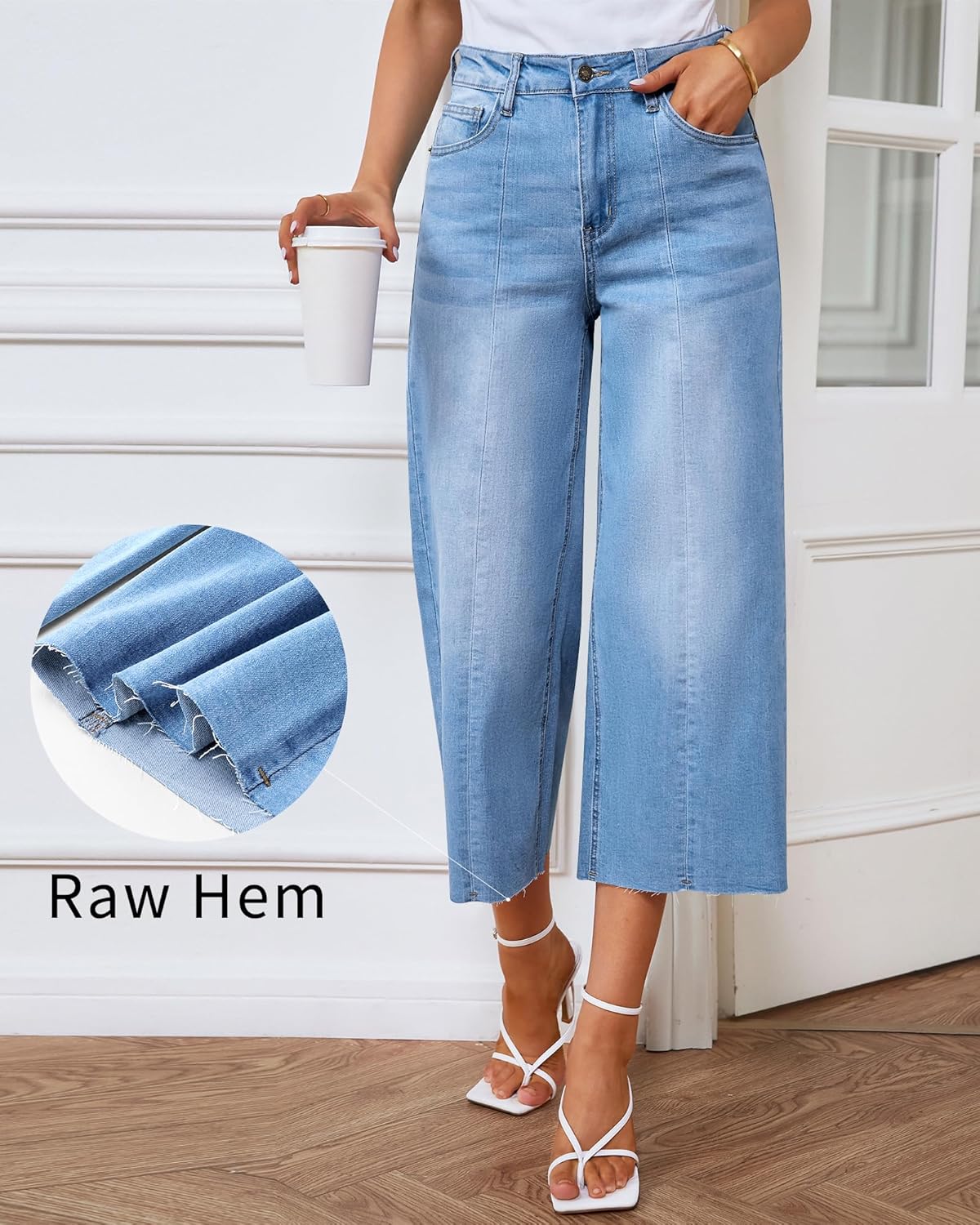 GRAPENT Jean Capris for Women Wide Leg Jeans High Waisted Seamed Front Raw Hem Denim Capri Pants StretchyCool Blue