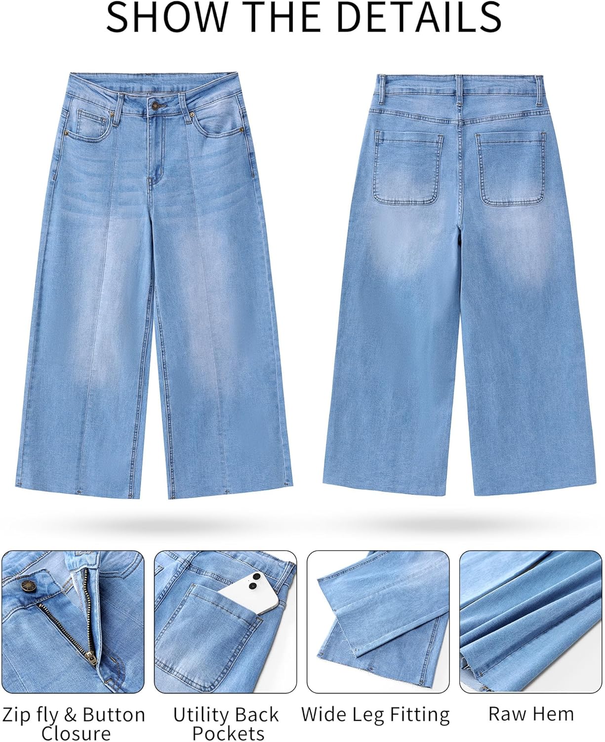 GRAPENT Jean Capris for Women Wide Leg Jeans High Waisted Seamed Front Raw Hem Denim Capri Pants StretchyCool Blue