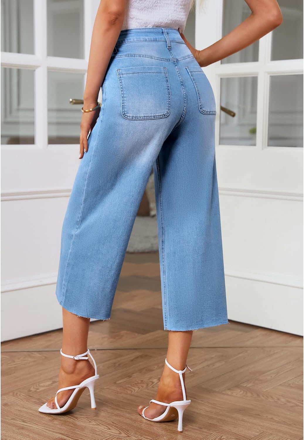 GRAPENT Jean Capris for Women Wide Leg Jeans High Waisted Seamed Front Raw Hem Denim Capri Pants StretchyCool Blue