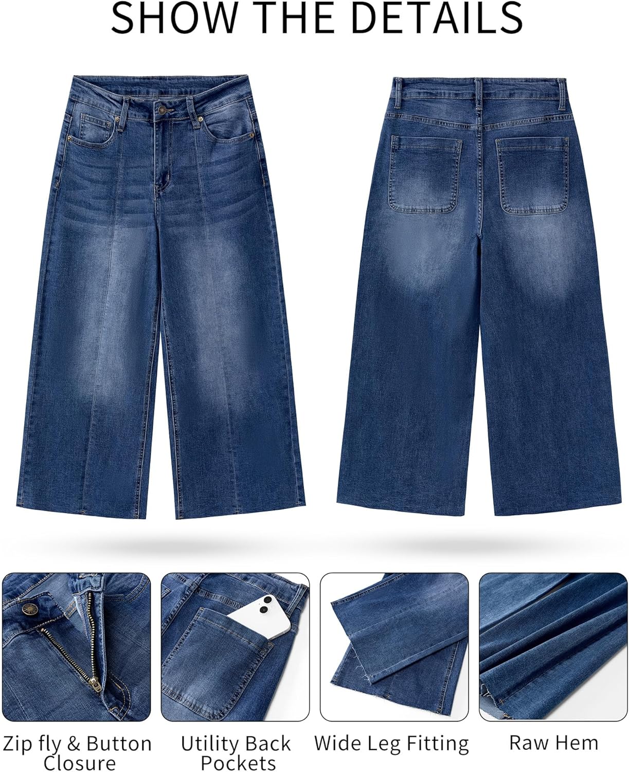 GRAPENT Jean Capris for Women Wide Leg Jeans High Waisted Seamed Front Raw Hem Denim Capri Pants StretchyDark Blue