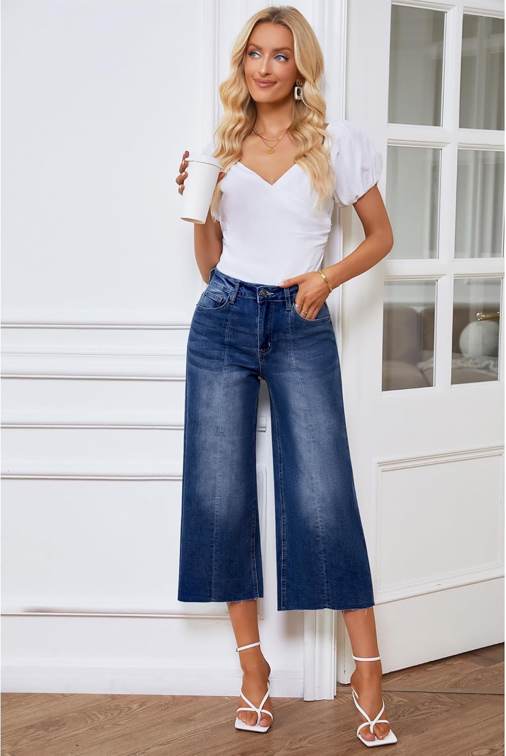 GRAPENT Jean Capris for Women Wide Leg Jeans High Waisted Seamed Front Raw Hem Denim Capri Pants StretchyDark Blue