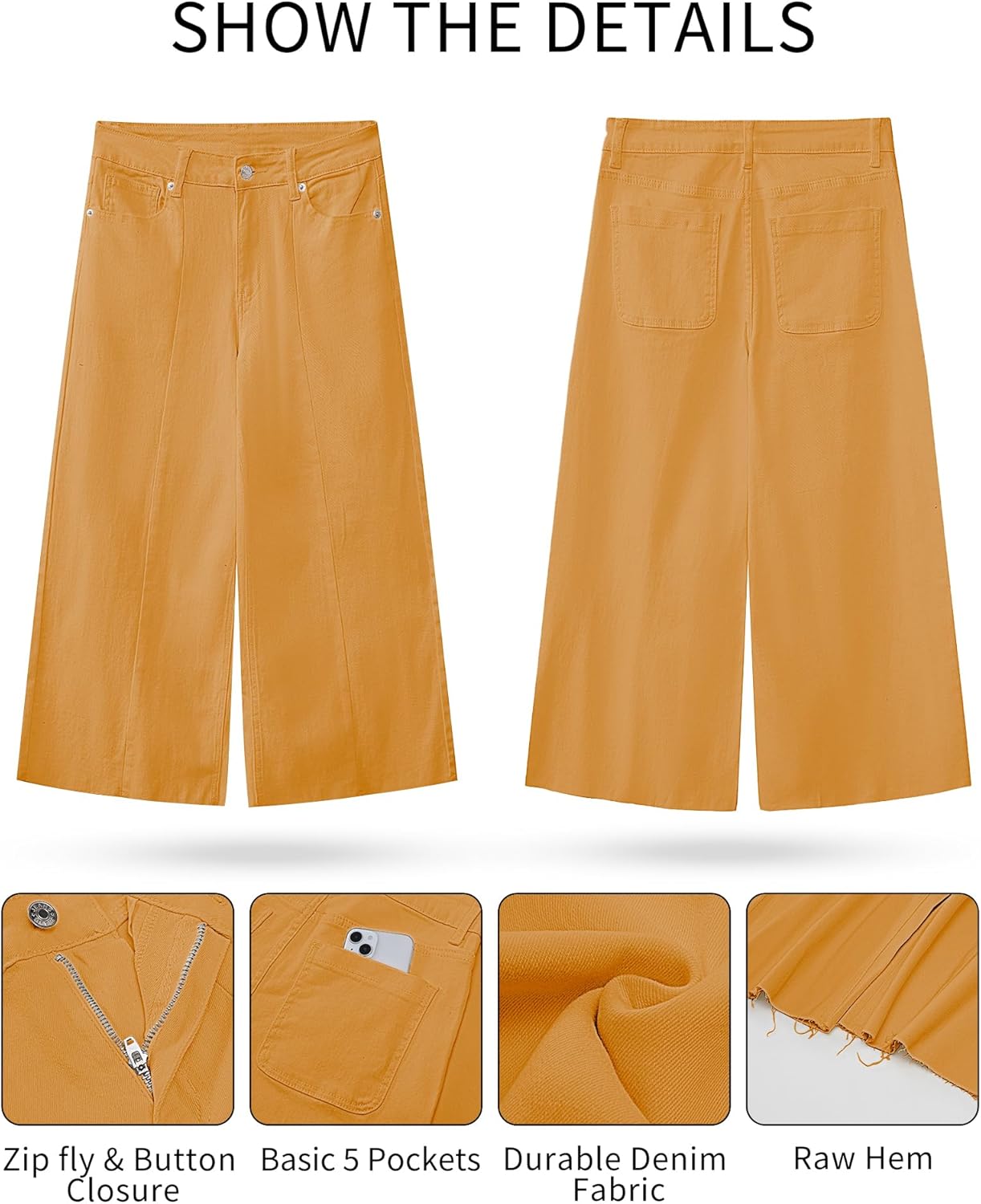 GRAPENT Jean Capris for Women Wide Leg Jeans High Waisted Seamed Front Raw Hem Denim Capri Pants StretchyGolden Orange