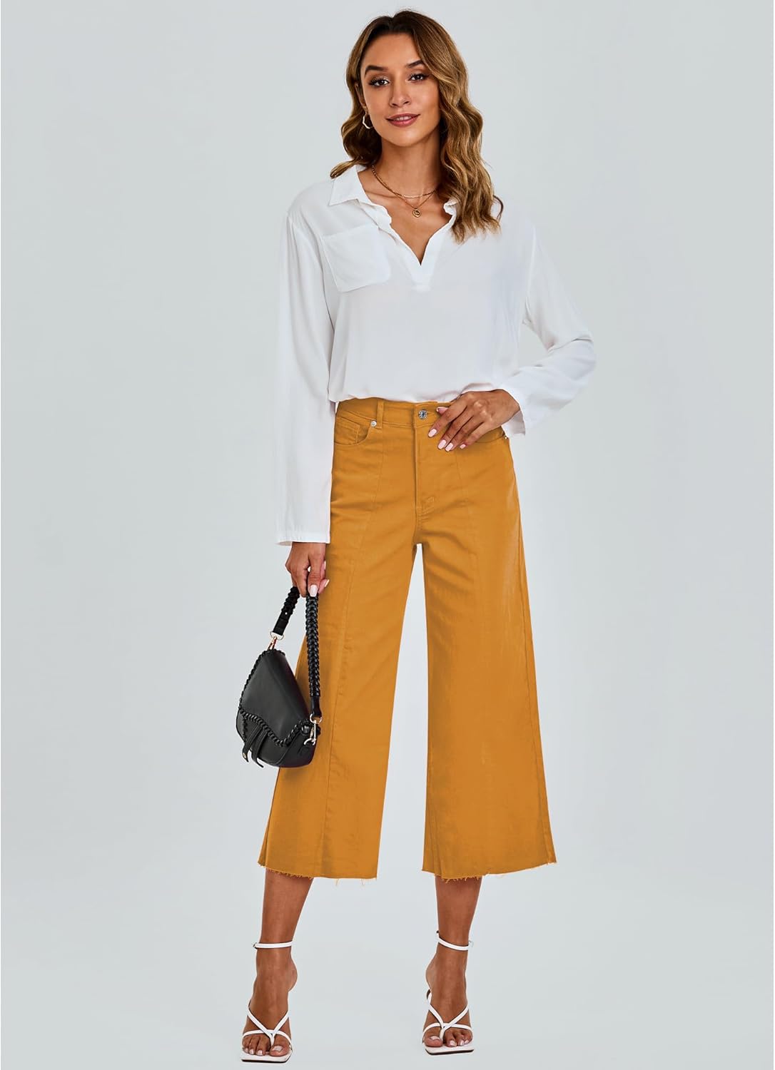 GRAPENT Jean Capris for Women Wide Leg Jeans High Waisted Seamed Front Raw Hem Denim Capri Pants StretchyGolden Orange