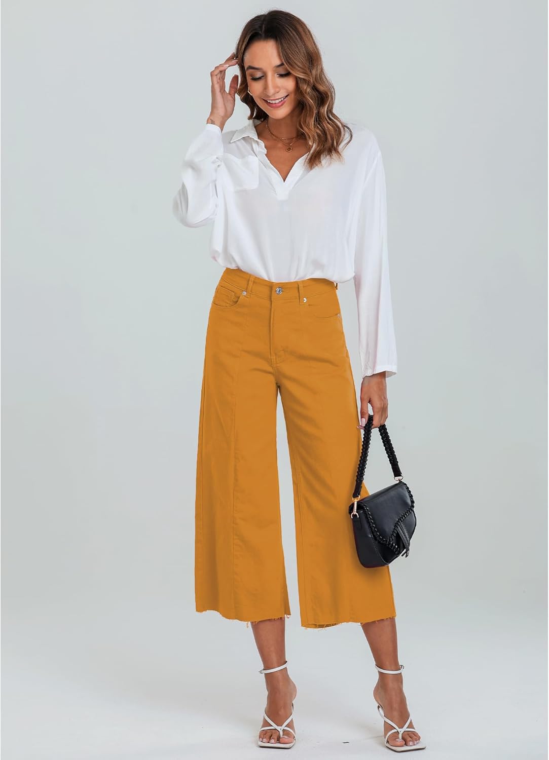 GRAPENT Jean Capris for Women Wide Leg Jeans High Waisted Seamed Front Raw Hem Denim Capri Pants StretchyGolden Orange