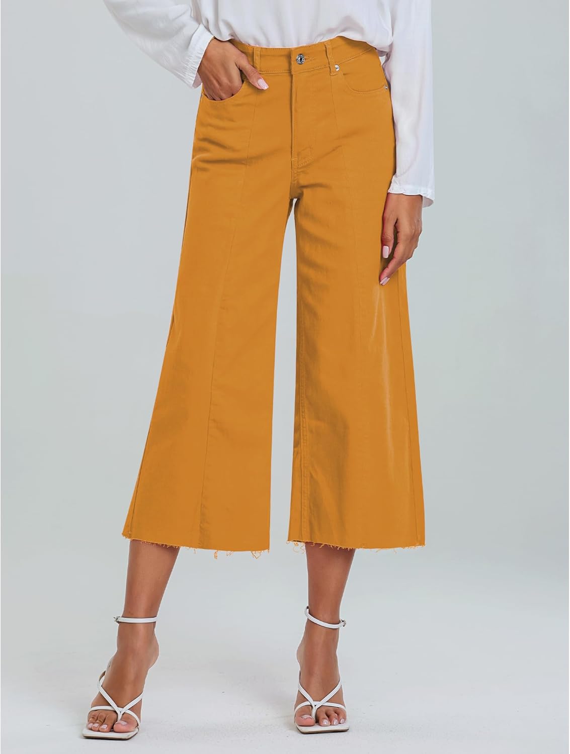 GRAPENT Jean Capris for Women Wide Leg Jeans High Waisted Seamed Front Raw Hem Denim Capri Pants StretchyGolden Orange