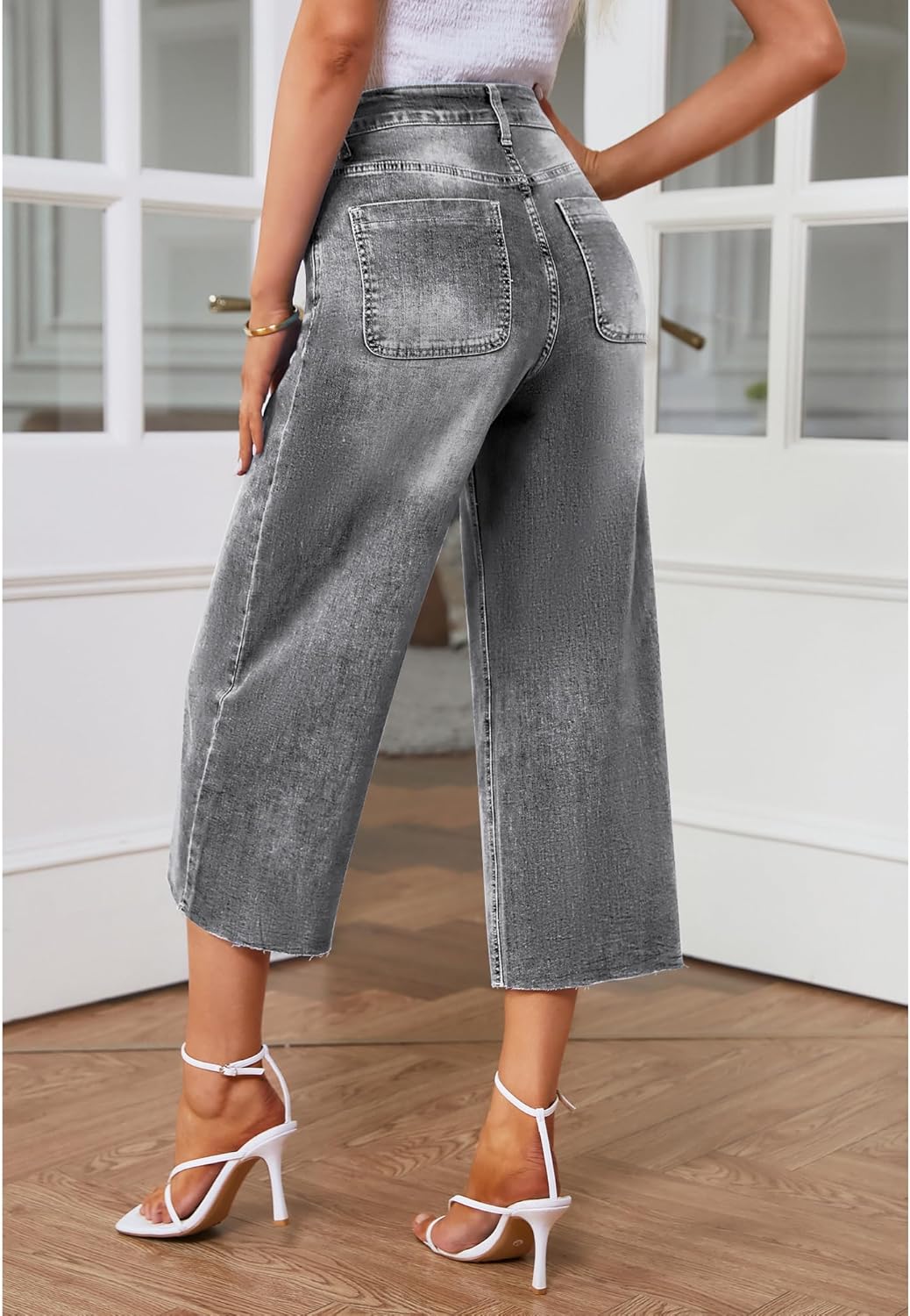 GRAPENT Jean Capris for Women Wide Leg Jeans High Waisted Seamed Front Raw Hem Denim Capri Pants StretchyGray
