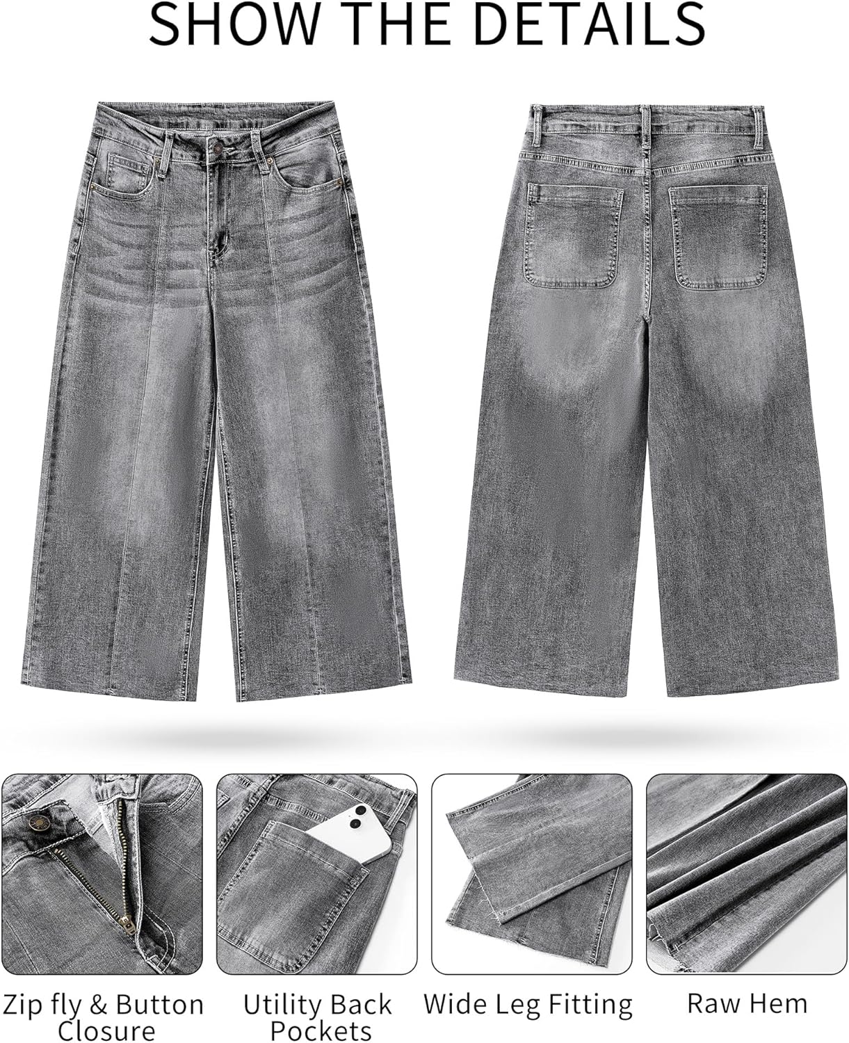 GRAPENT Jean Capris for Women Wide Leg Jeans High Waisted Seamed Front Raw Hem Denim Capri Pants StretchyGray