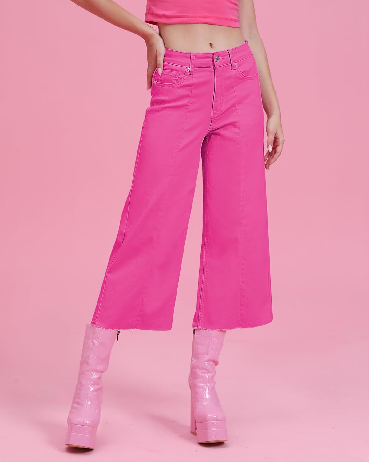 GRAPENT Jean Capris for Women Wide Leg Jeans High Waisted Seamed Front Raw Hem Denim Capri Pants StretchyHot Pink