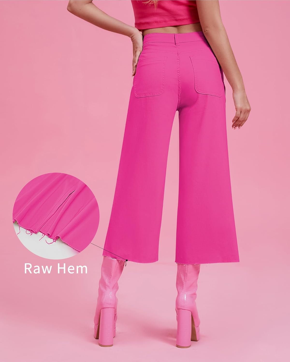 GRAPENT Jean Capris for Women Wide Leg Jeans High Waisted Seamed Front Raw Hem Denim Capri Pants StretchyHot Pink