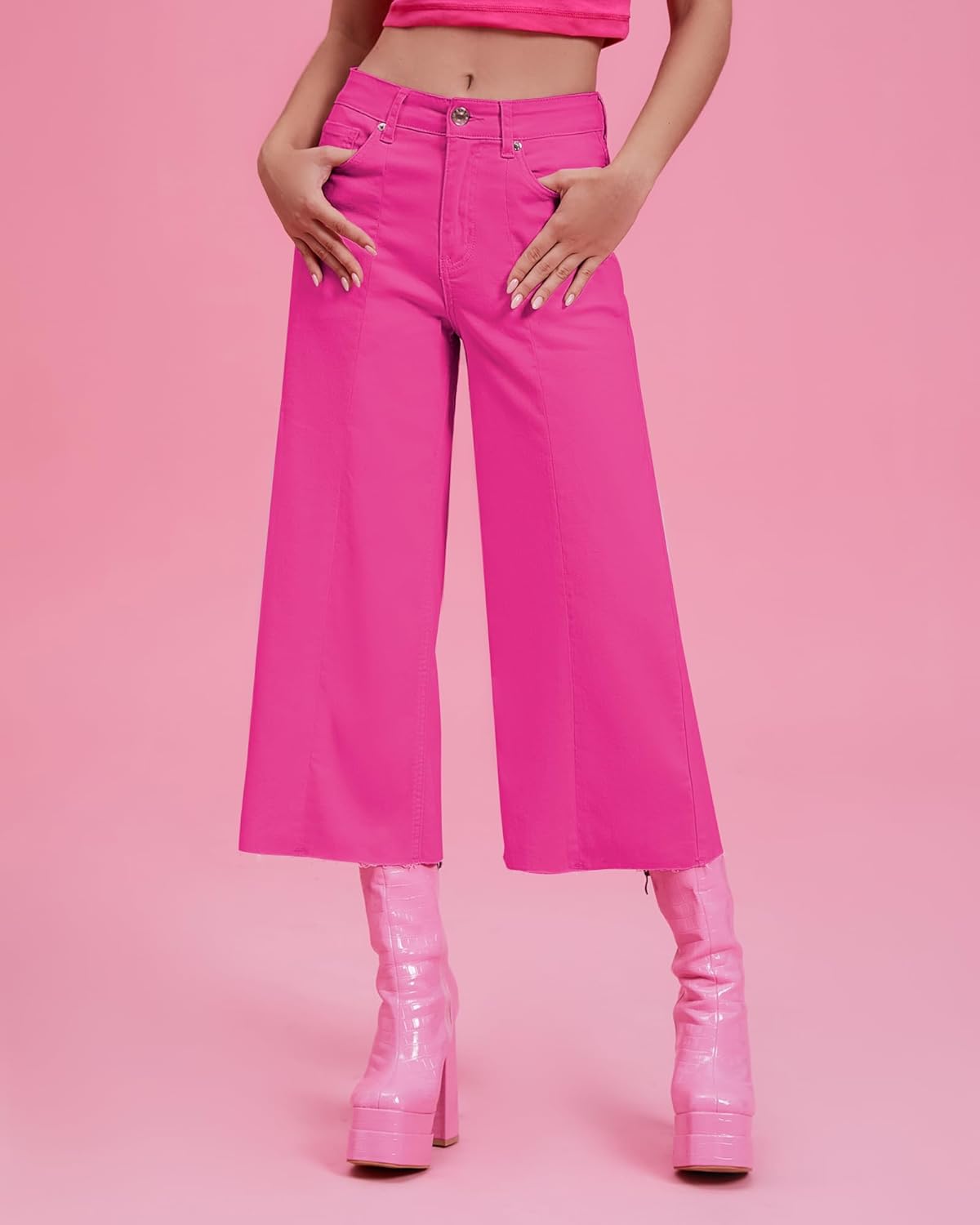 GRAPENT Jean Capris for Women Wide Leg Jeans High Waisted Seamed Front Raw Hem Denim Capri Pants StretchyHot Pink