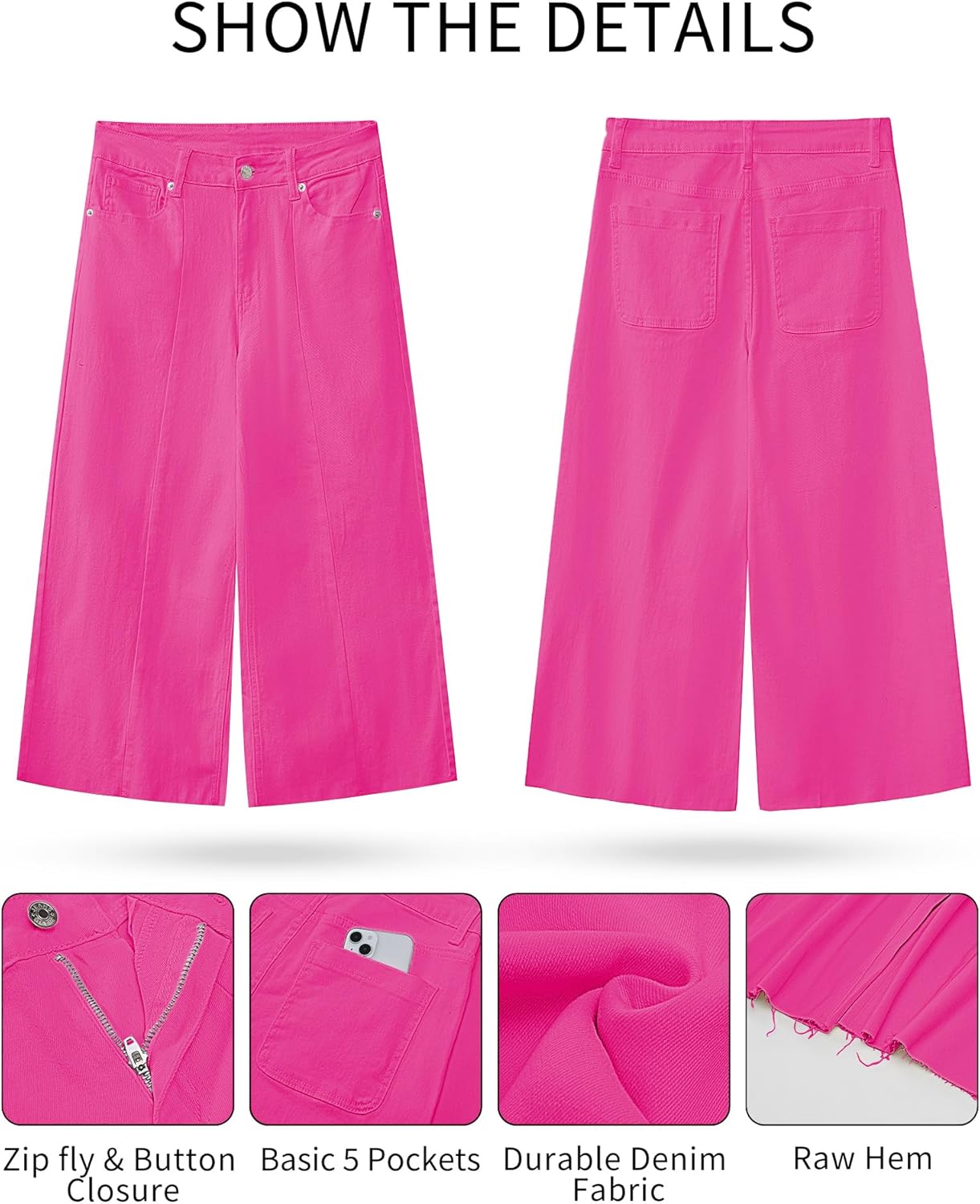 GRAPENT Jean Capris for Women Wide Leg Jeans High Waisted Seamed Front Raw Hem Denim Capri Pants StretchyHot Pink