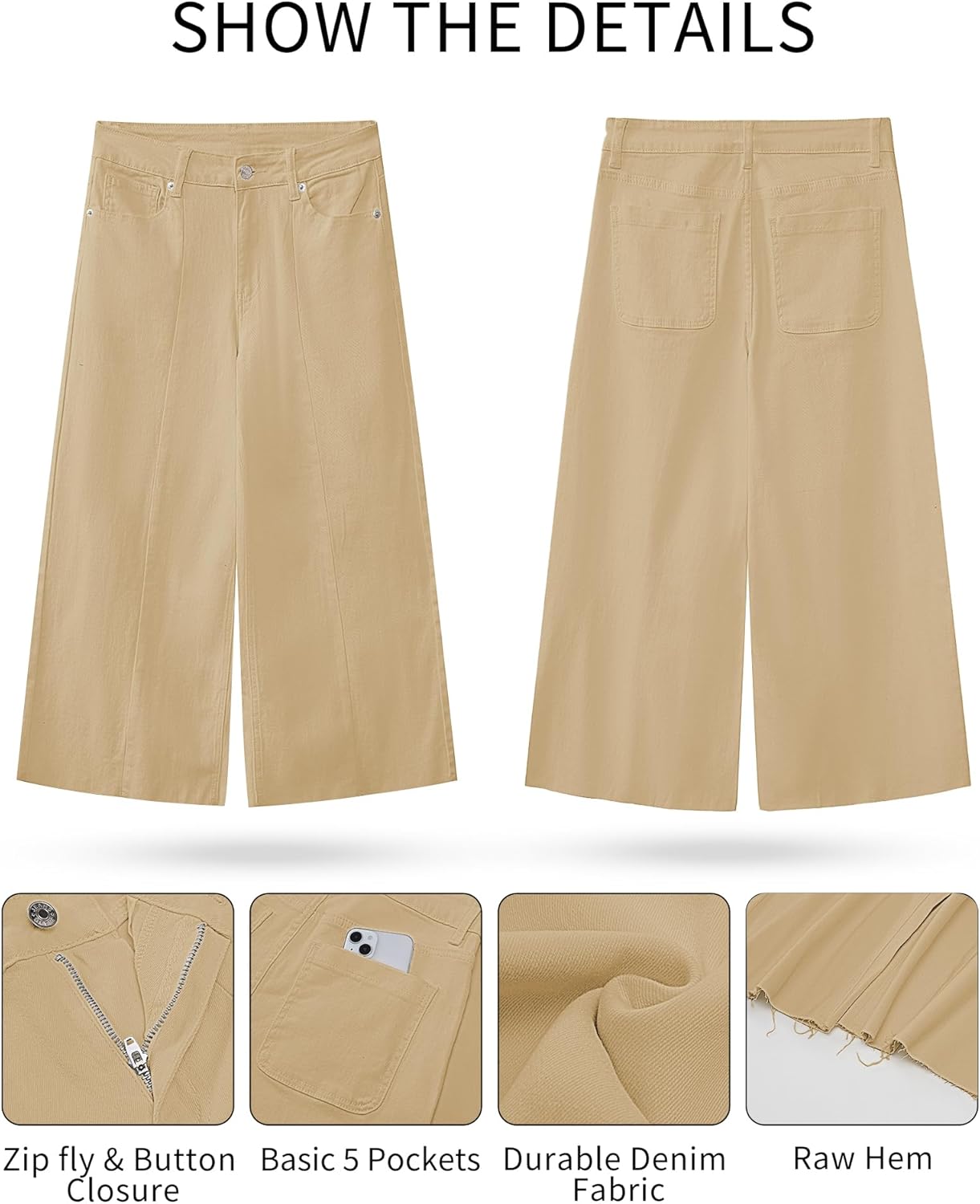 GRAPENT Jean Capris for Women Wide Leg Jeans High Waisted Seamed Front Raw Hem Denim Capri Pants StretchyKhaki
