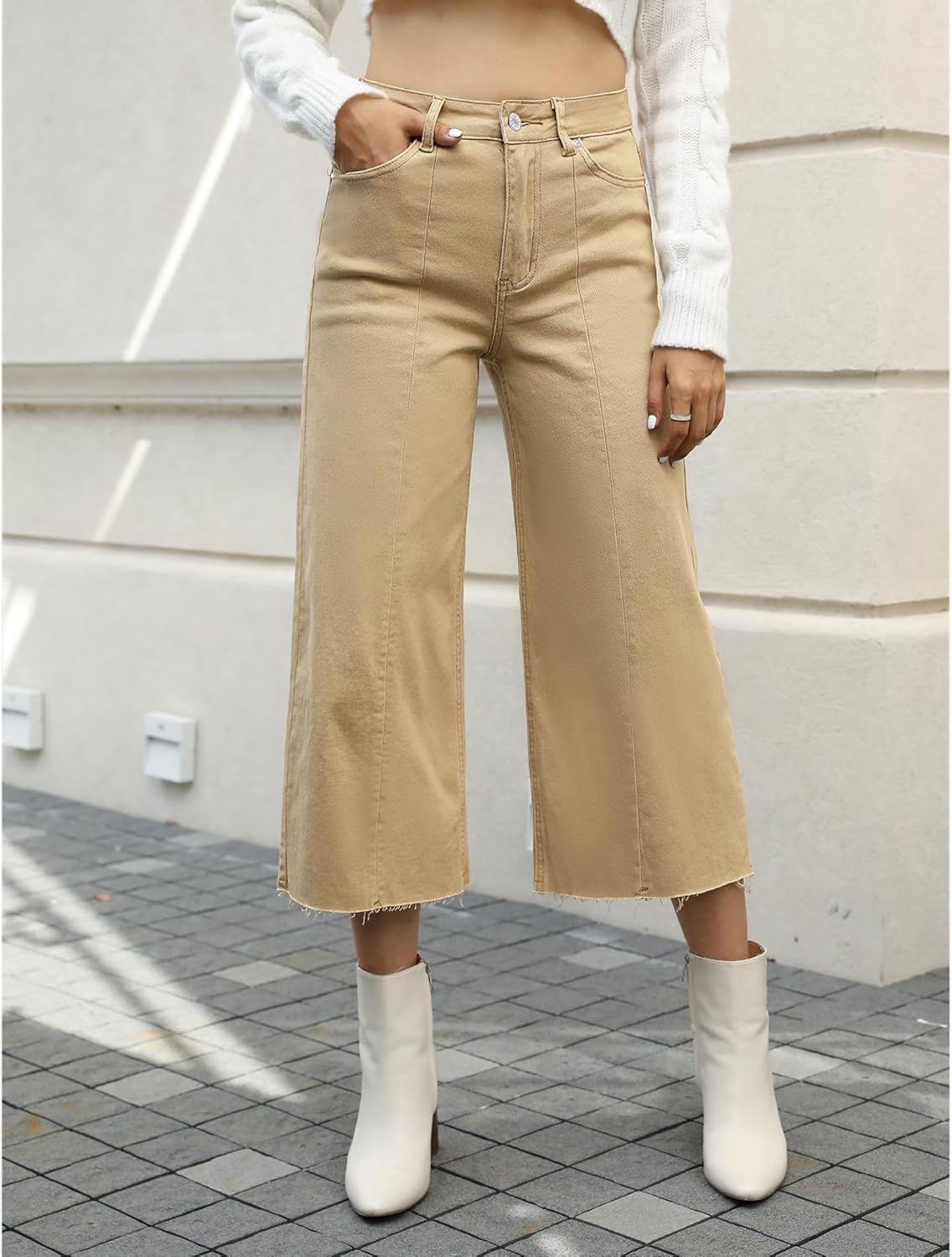 GRAPENT Jean Capris for Women Wide Leg Jeans High Waisted Seamed Front Raw Hem Denim Capri Pants StretchyKhaki