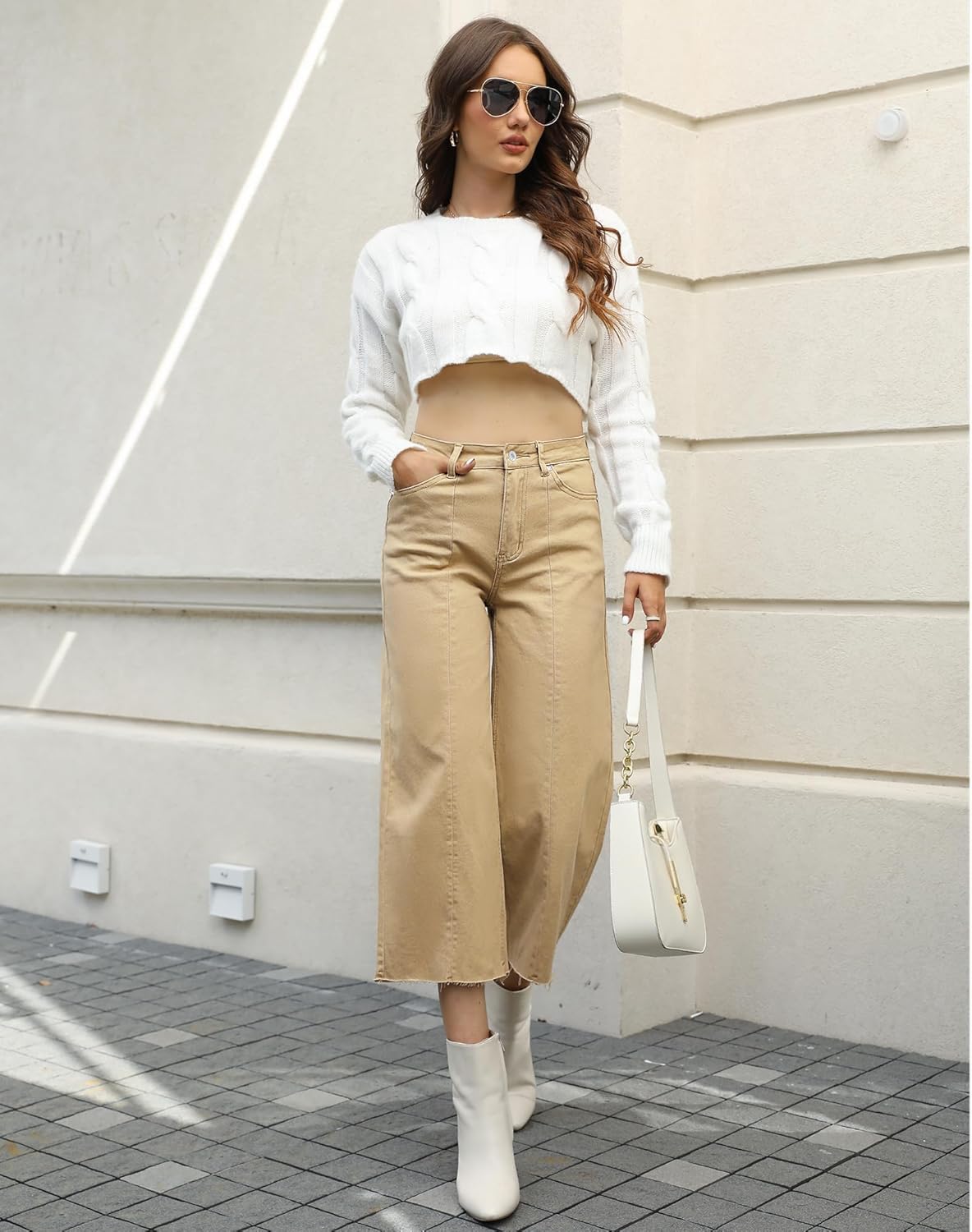 GRAPENT Jean Capris for Women Wide Leg Jeans High Waisted Seamed Front Raw Hem Denim Capri Pants StretchyKhaki